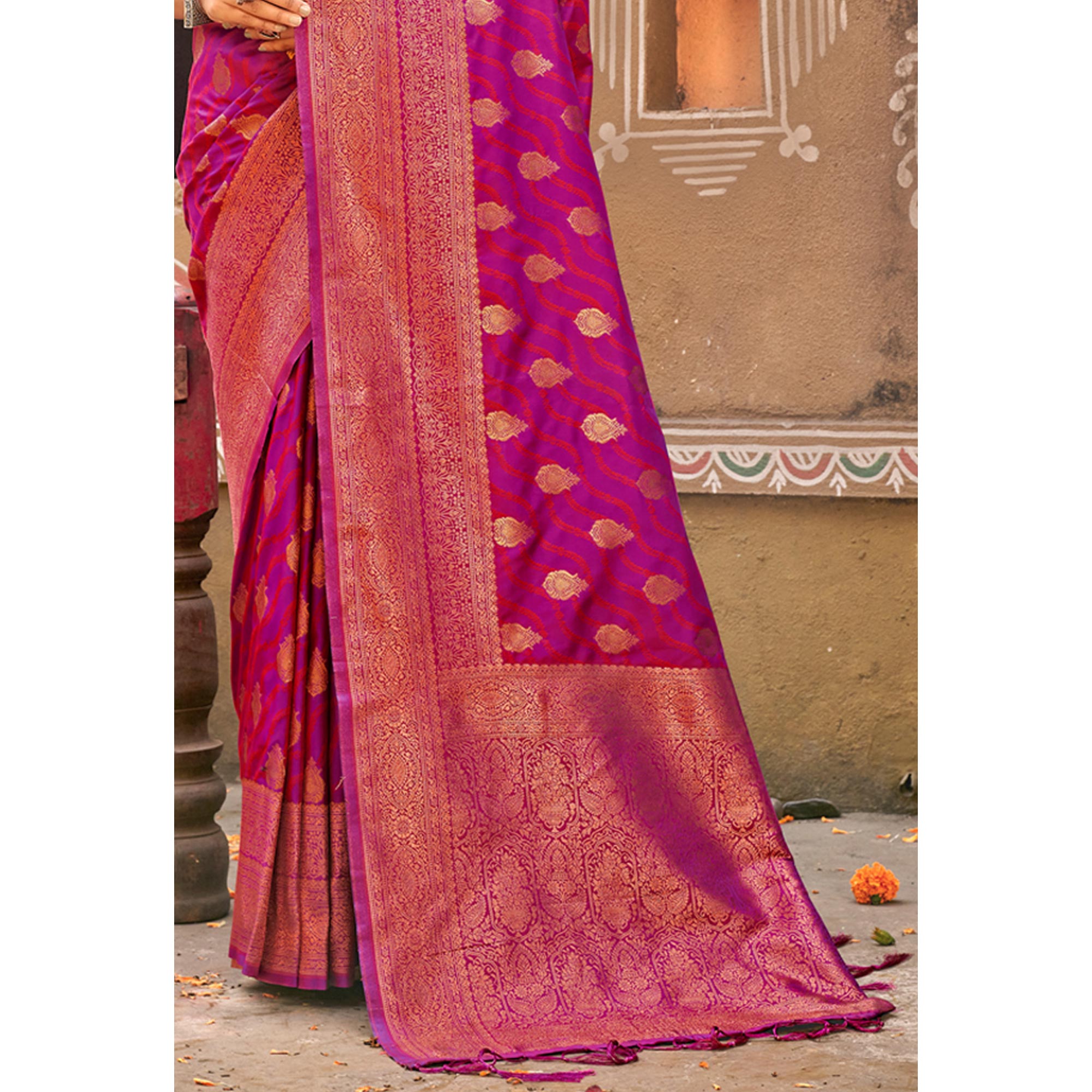 Purple Floral Woven Banarasi Silk Saree With Tassels