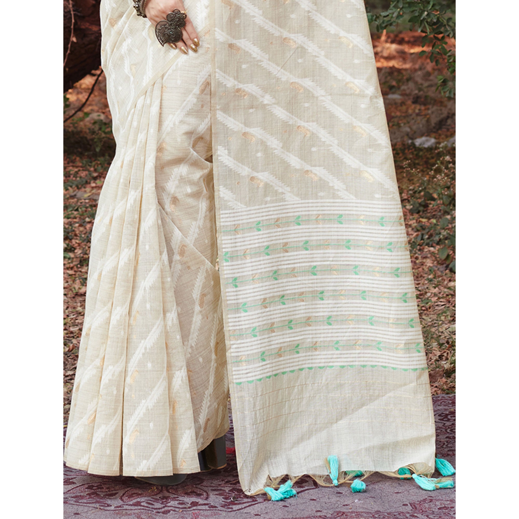 Off White & Pista Green Woven Cotton Silk Saree With Tassels