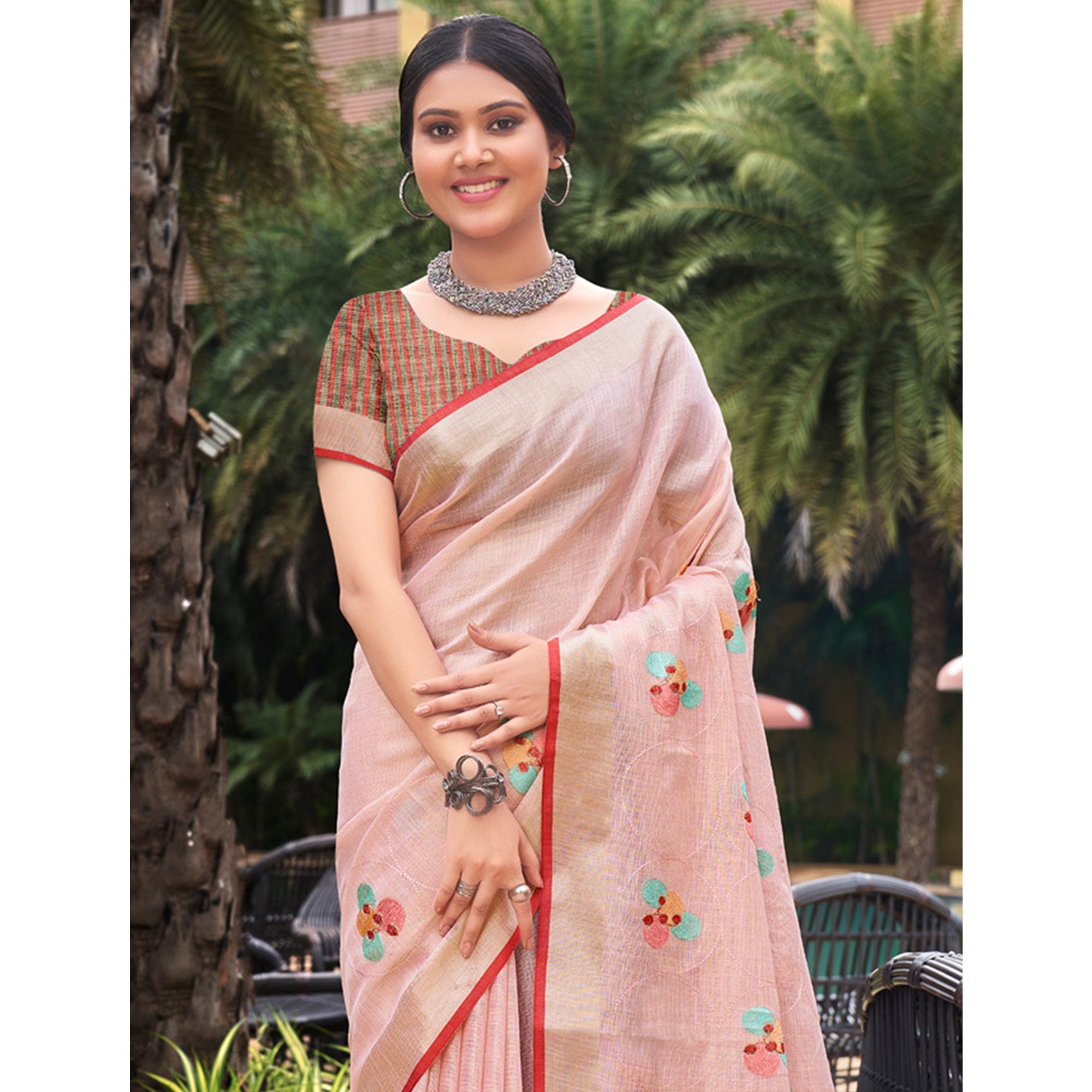 Pink Floral Embroidered Linen Saree With Tassels