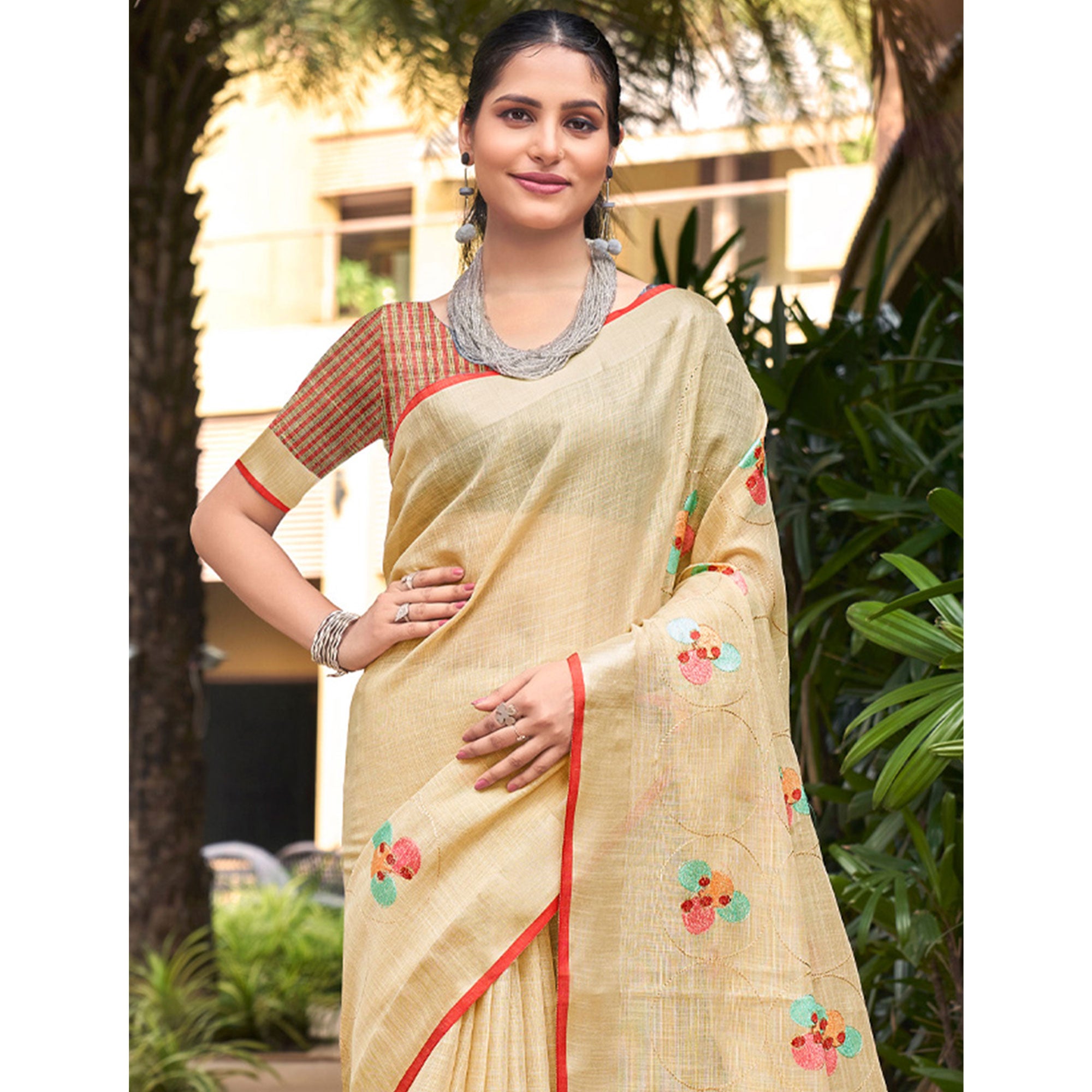 Beige Floral Embroidered Linen Saree With Tassels