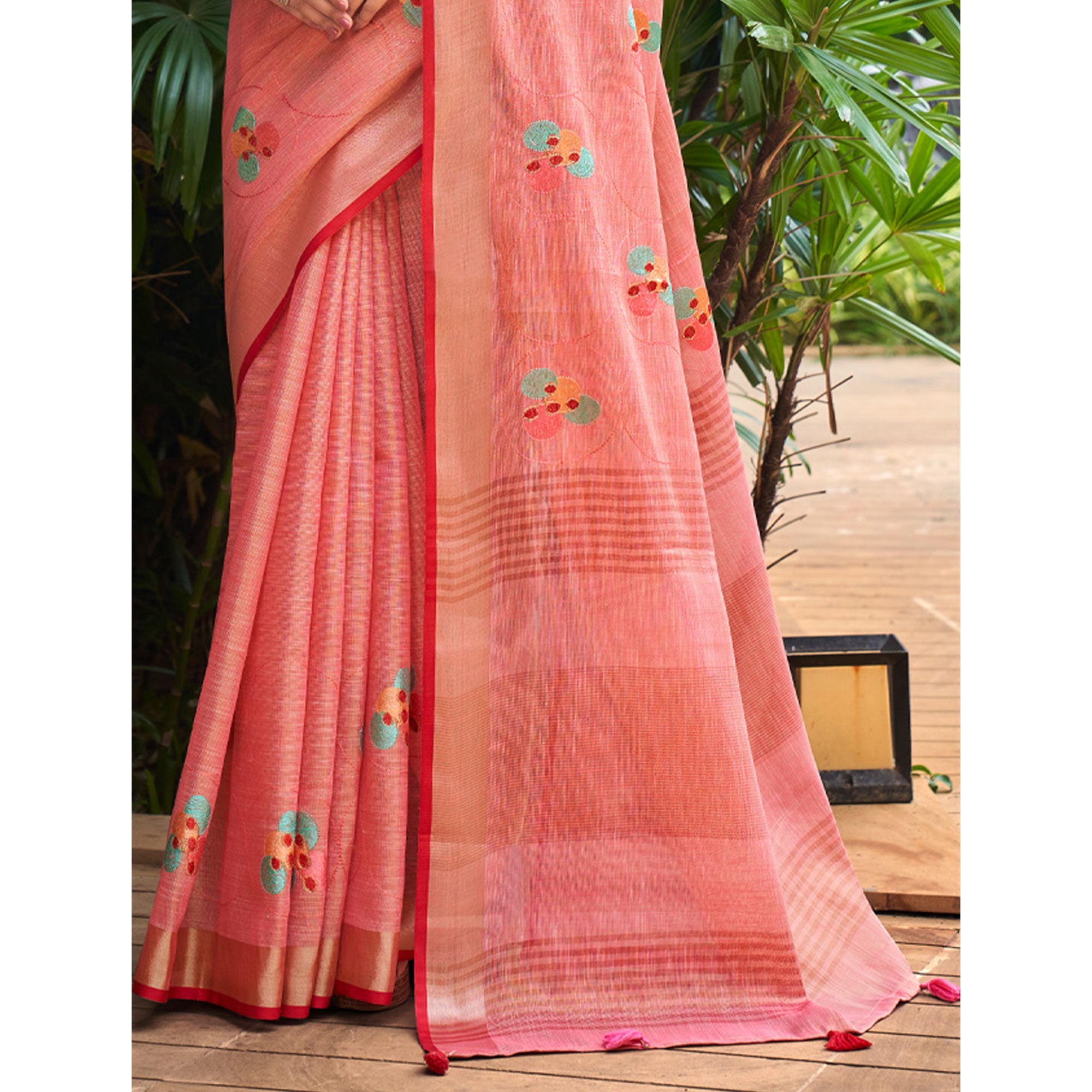 Peach Floral Embroidered Linen Saree With Tassels