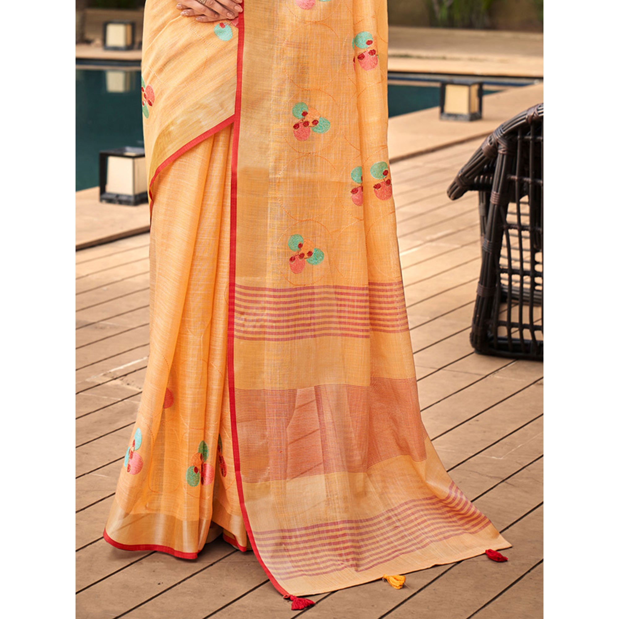 Orange Floral Embroidered Linen Saree With Tassels