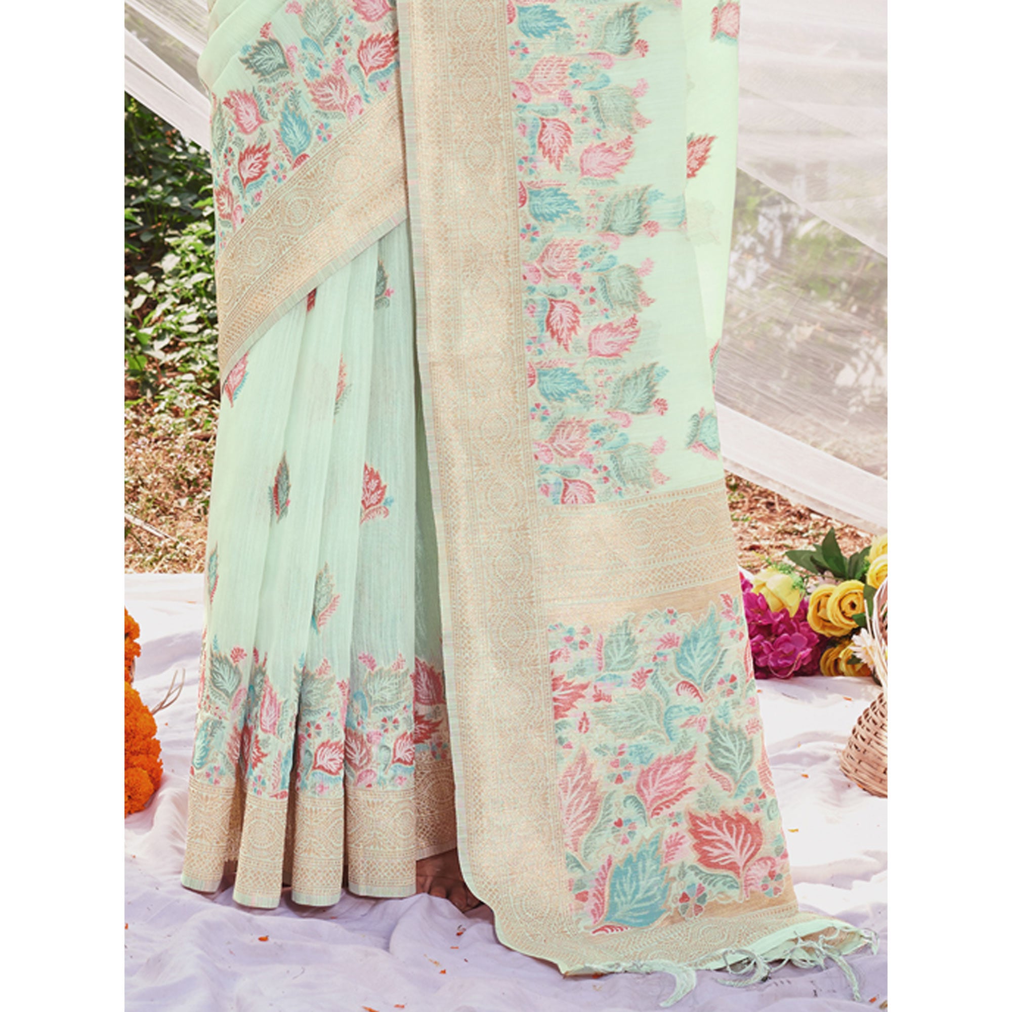 Sea Green Floral Woven Cotton Silk Saree With Tassels