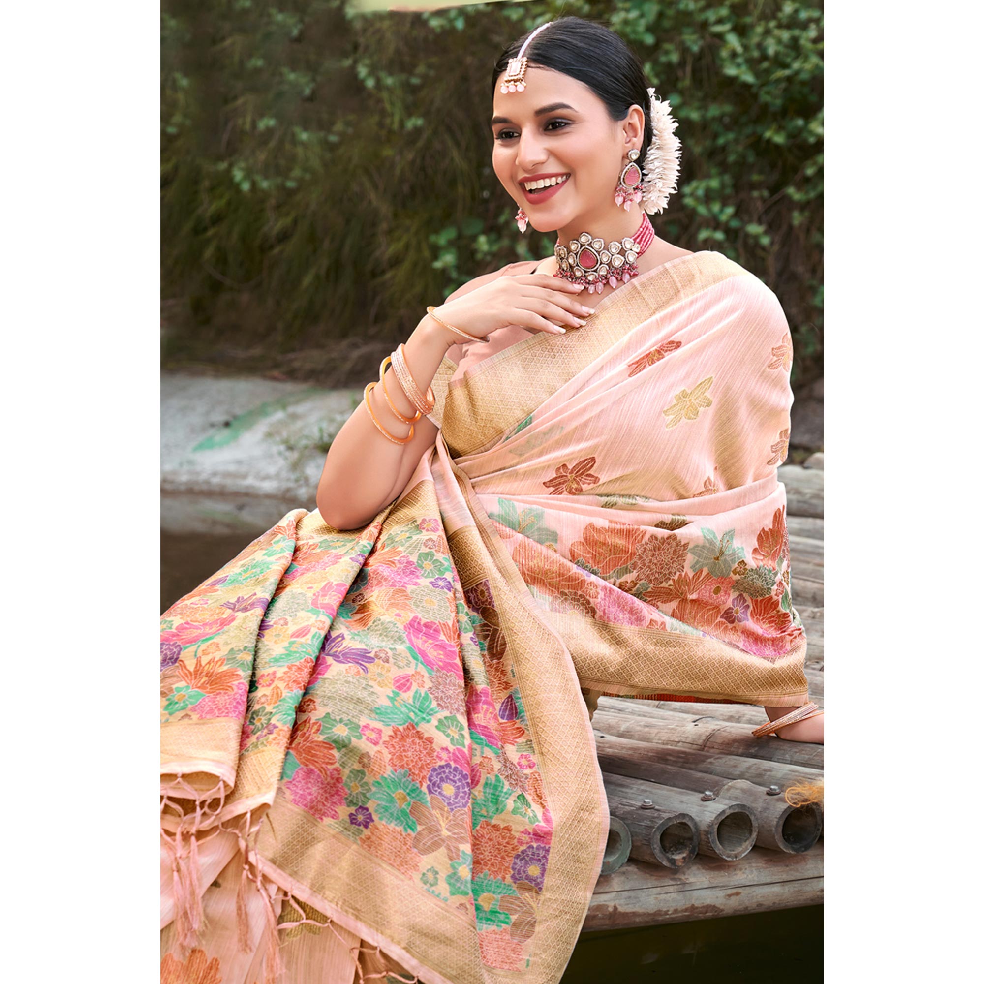 Peach Woven Cotton Blend Saree With Tassels