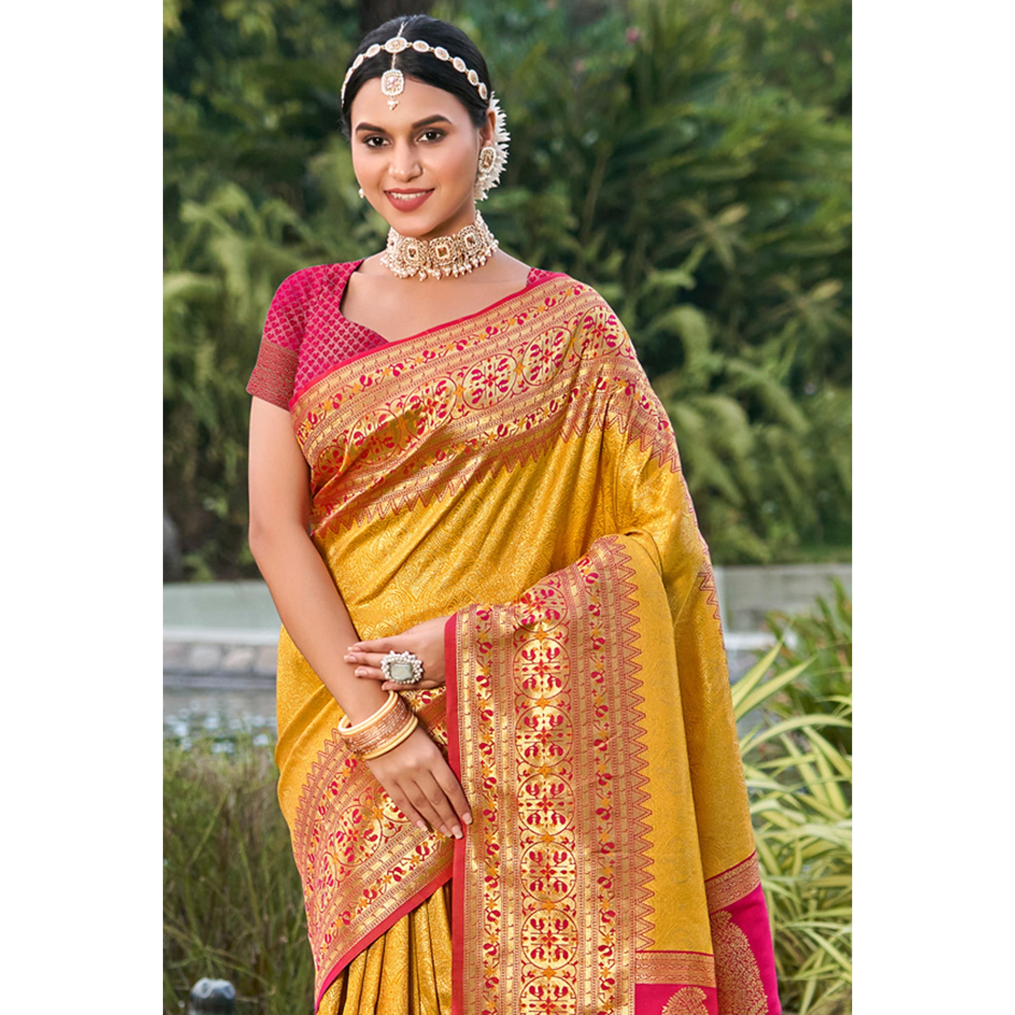 Mustard Woven Kanjivaram Silk Saree With Tassels