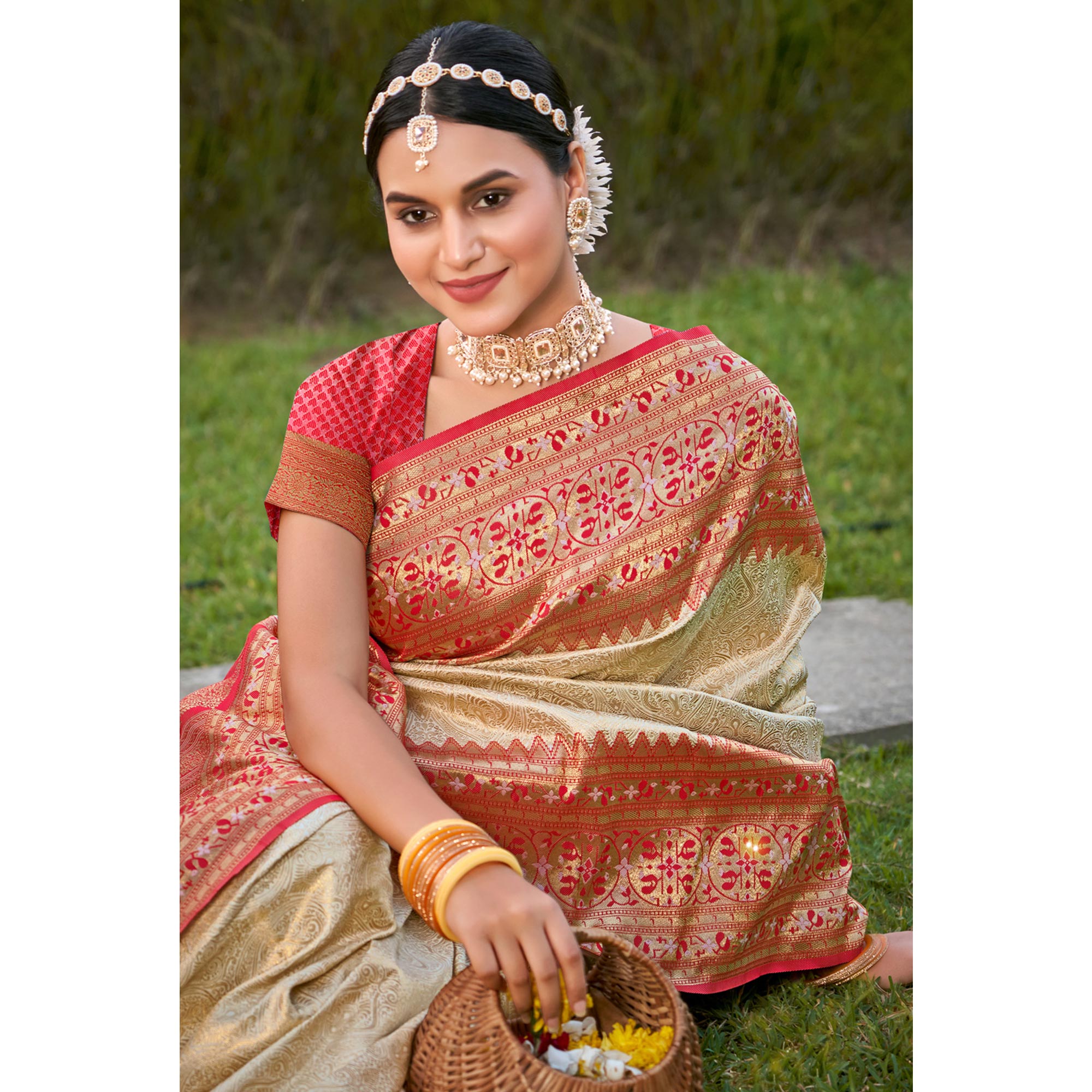 Cream Woven Kanjivaram Silk Saree With Tassels