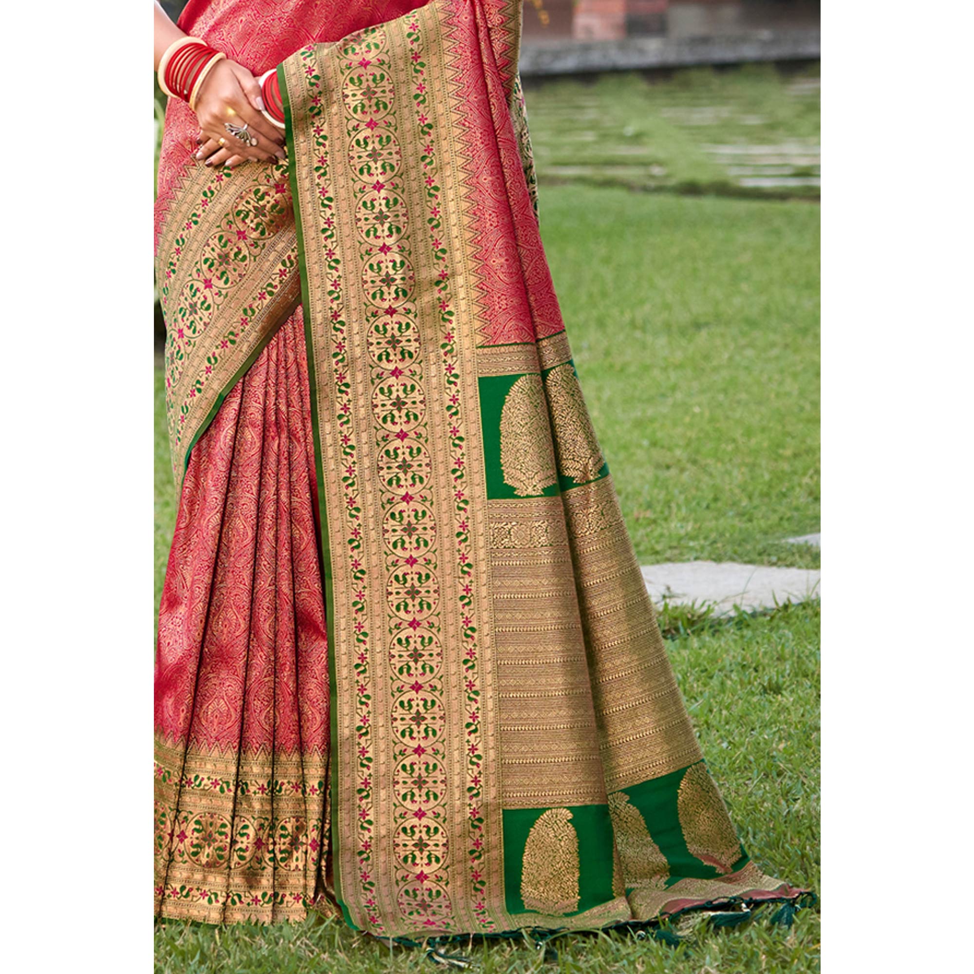 Pink Woven Kanjivaram Silk Saree With Tassels