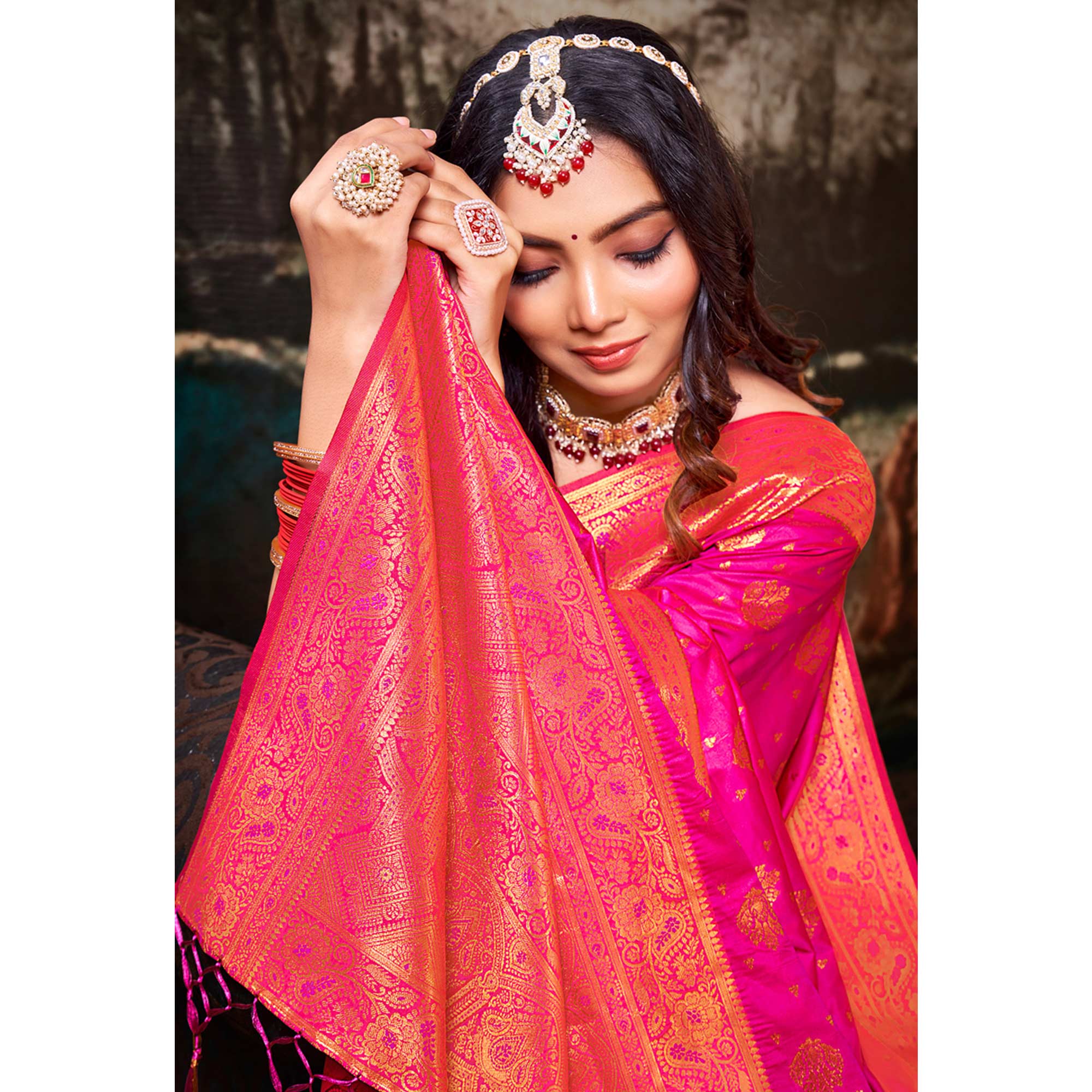 Pink Floral Woven Banarasi Silk Saree With Tassels