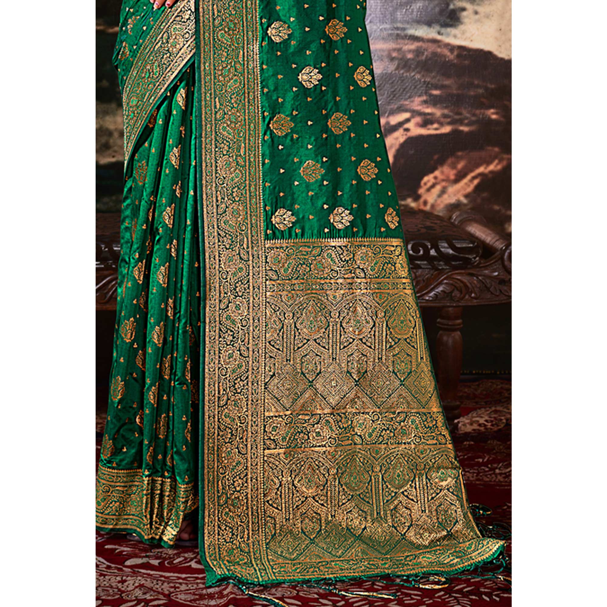 Green Floral Woven Banarasi Silk Saree With Tassels