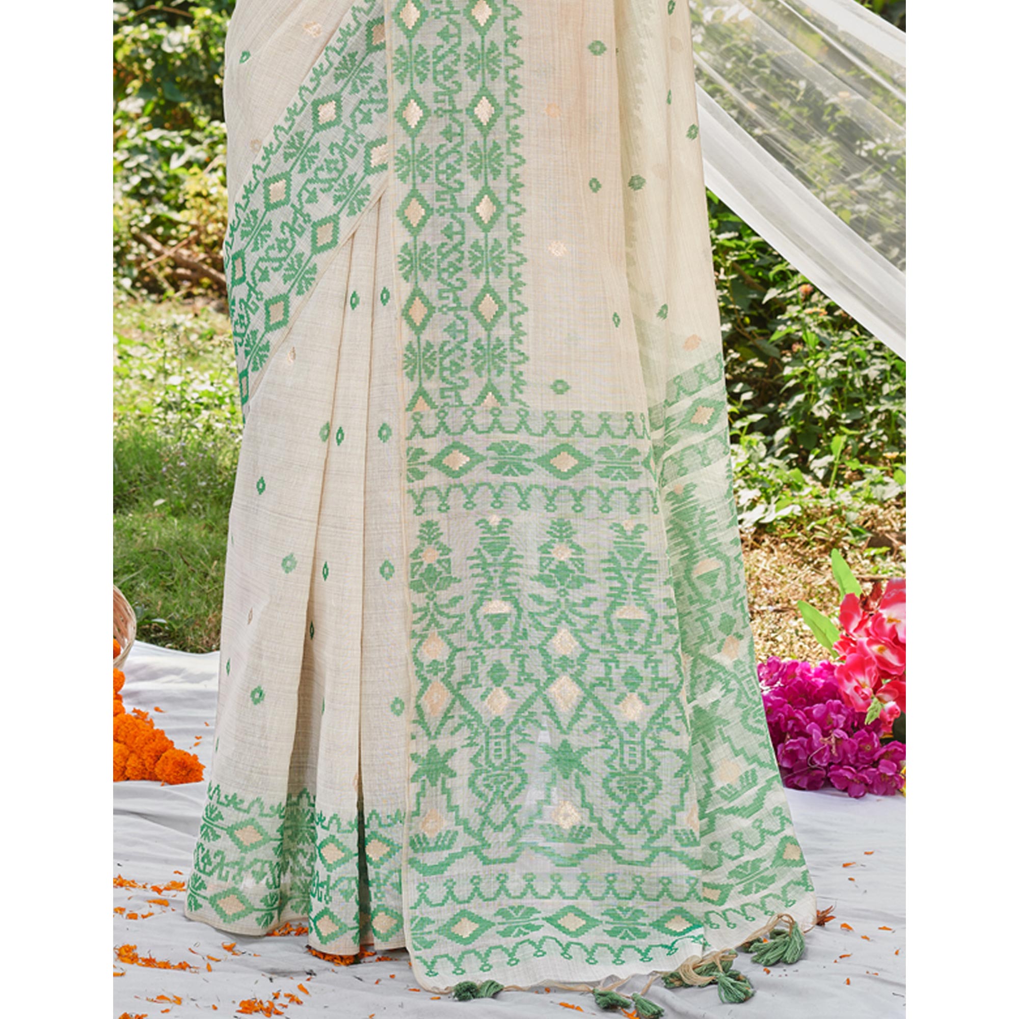 Off White & Pista Green Woven Cotton Silk Saree With Tassels