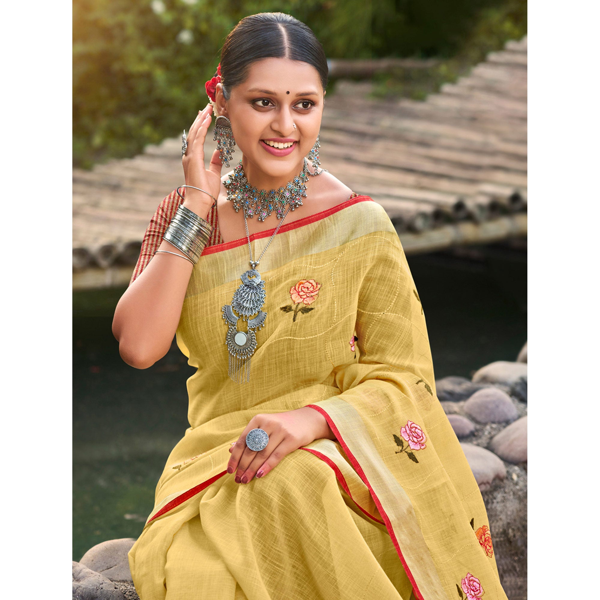 Yellow Floral Embroidered Linen Saree With Tassels