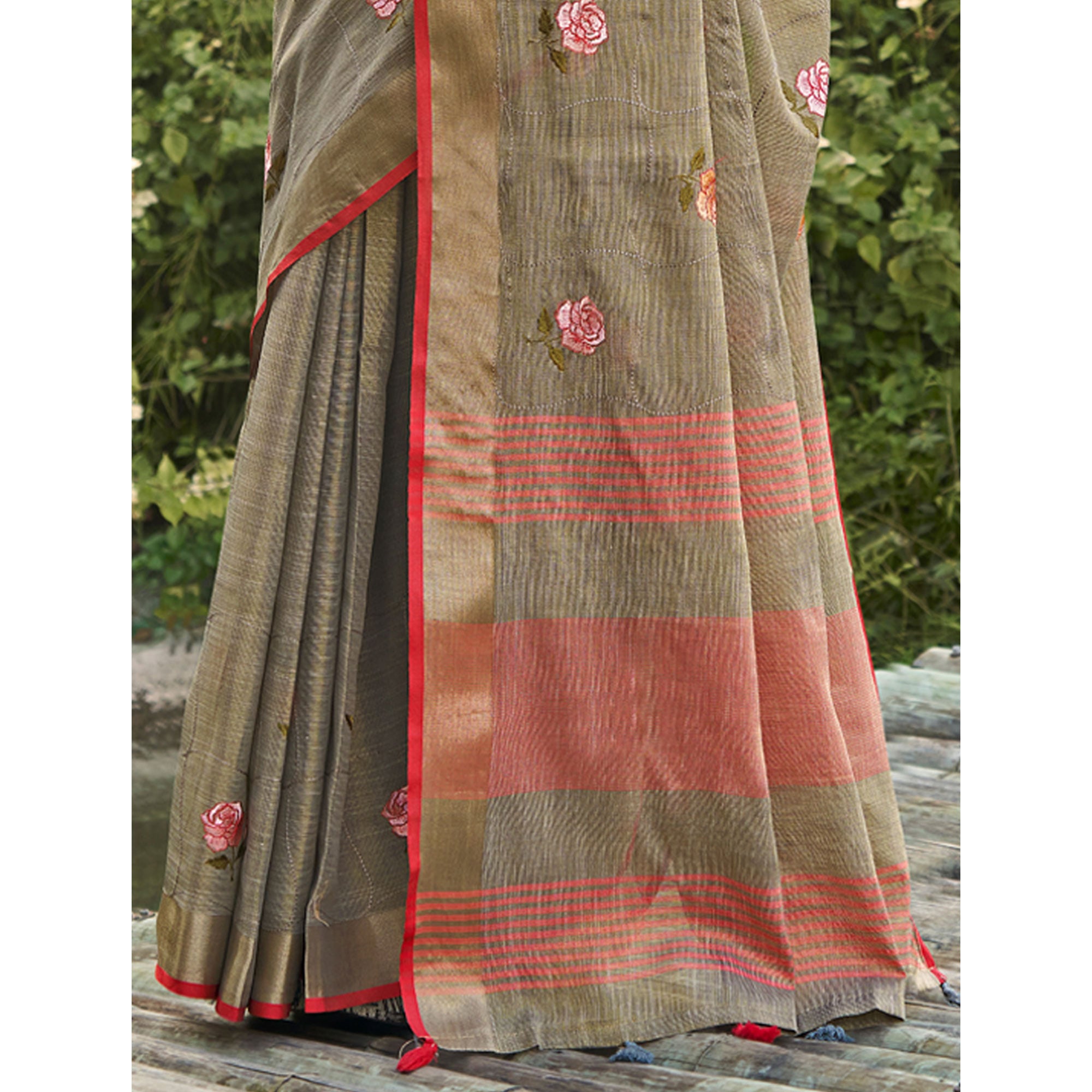 Grey Floral Embroidered Linen Saree With Tassels