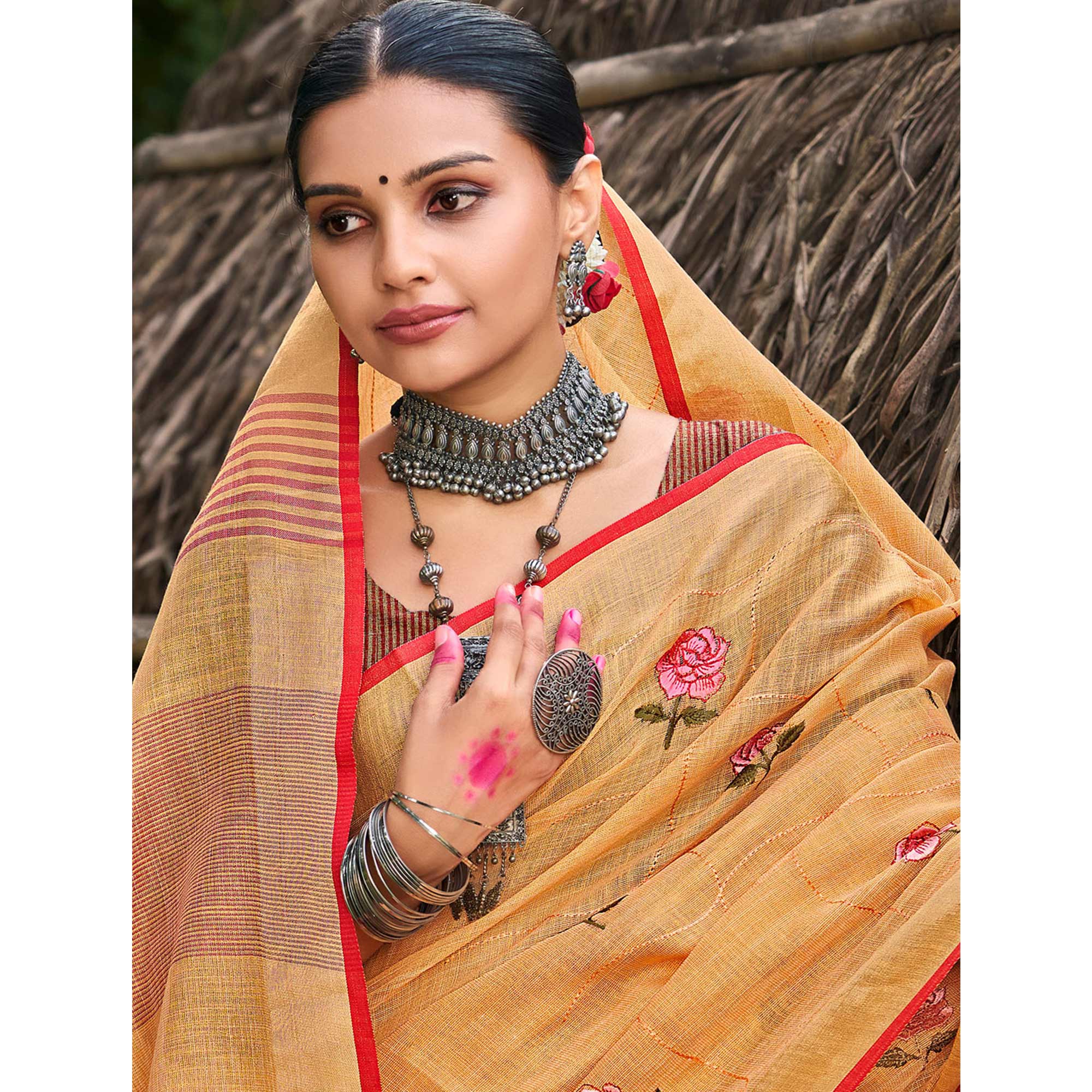 Orange Floral Embroidered Linen Saree With Tassels