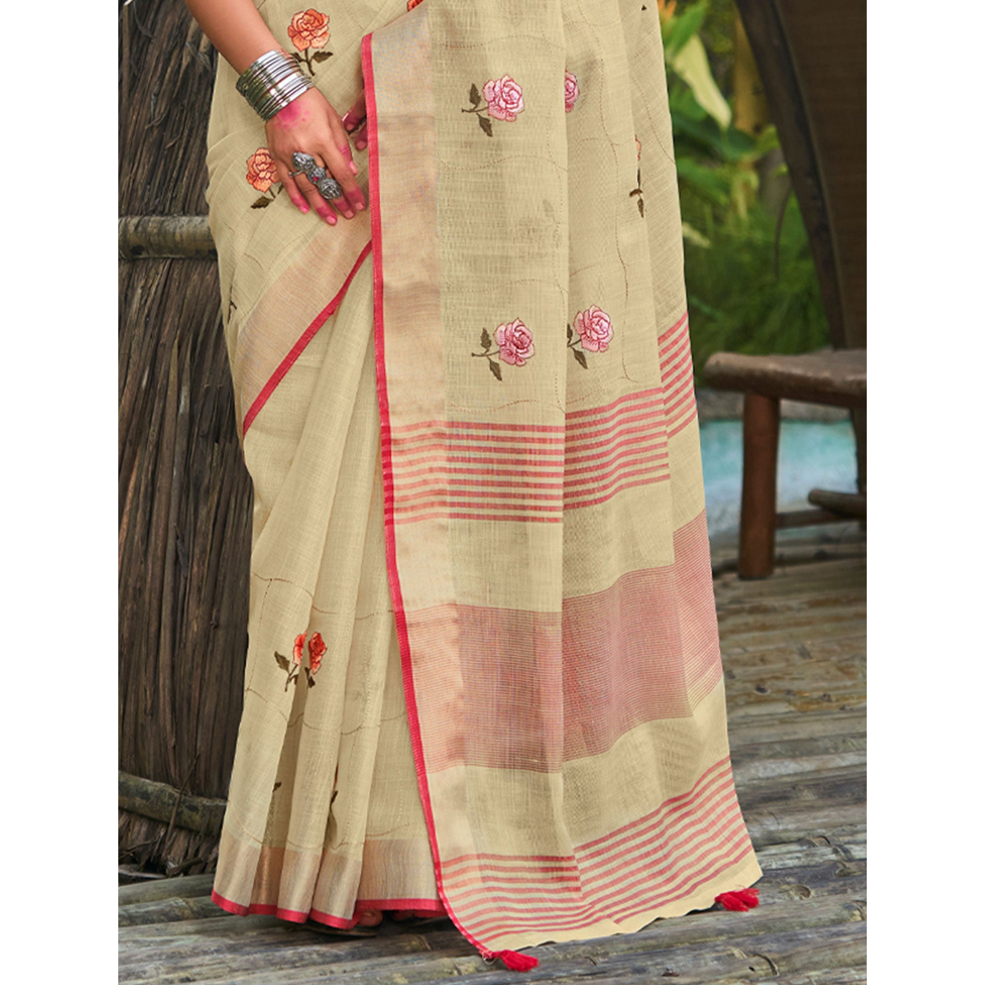 Beige Floral Embroidered Linen Saree With Tassels