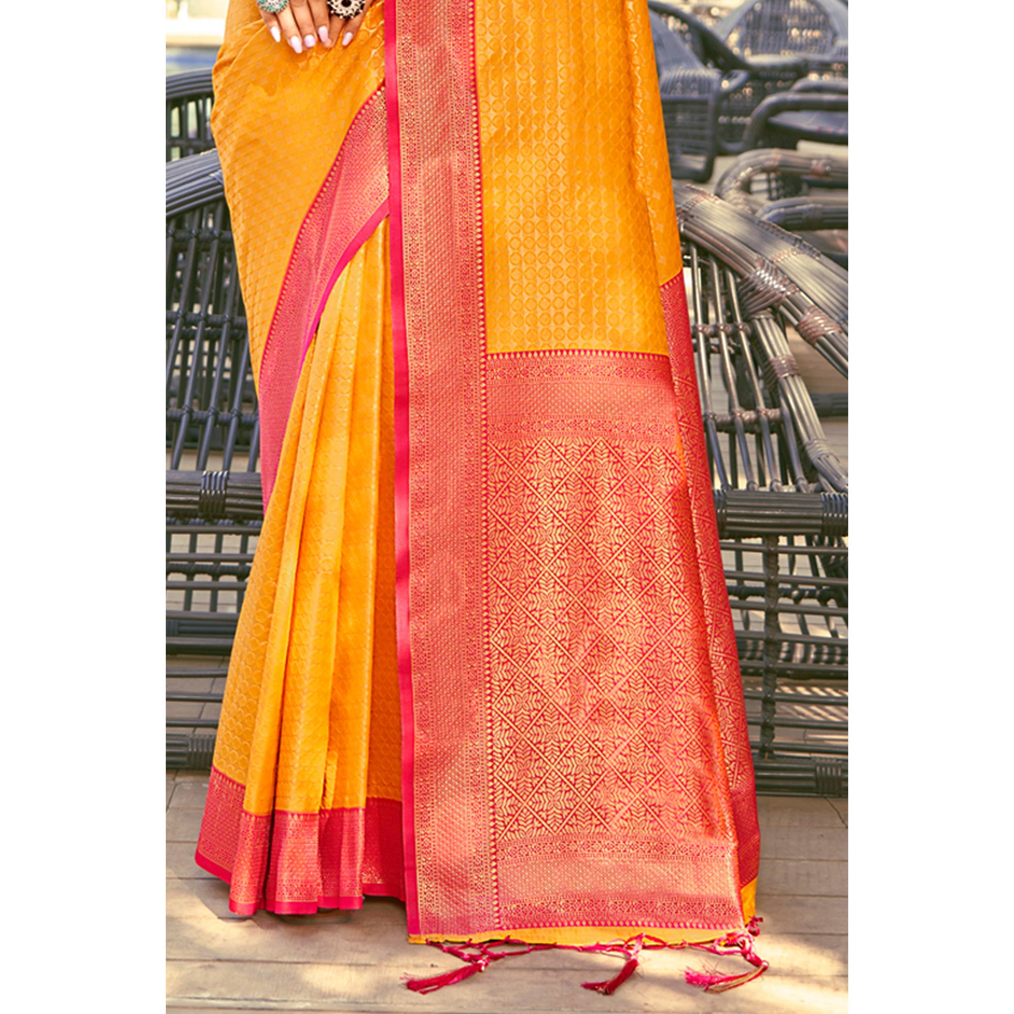 Mustard Woven Banarasi Silk Saree With Tassels