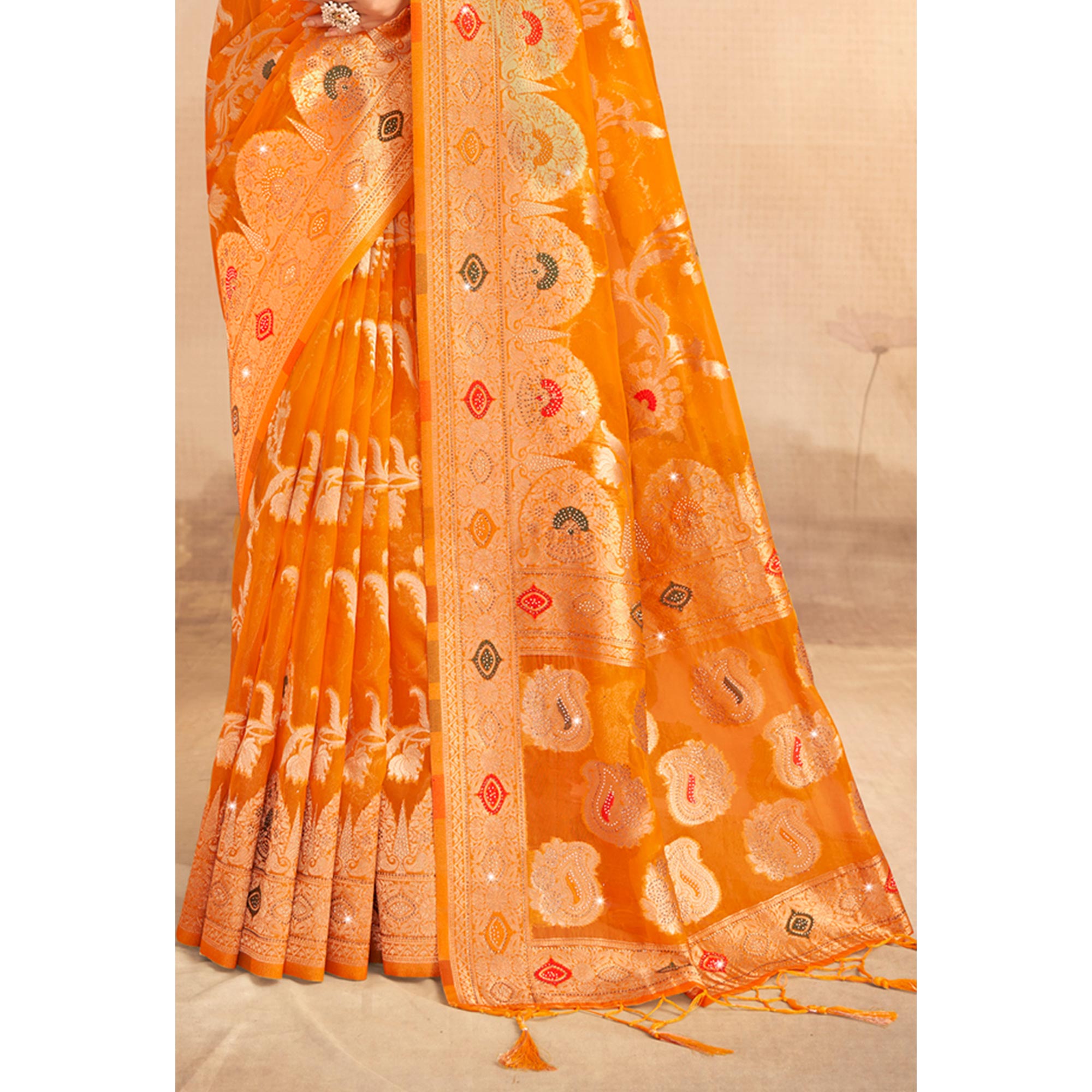 Mustard Woven Organza Saree With Tassels