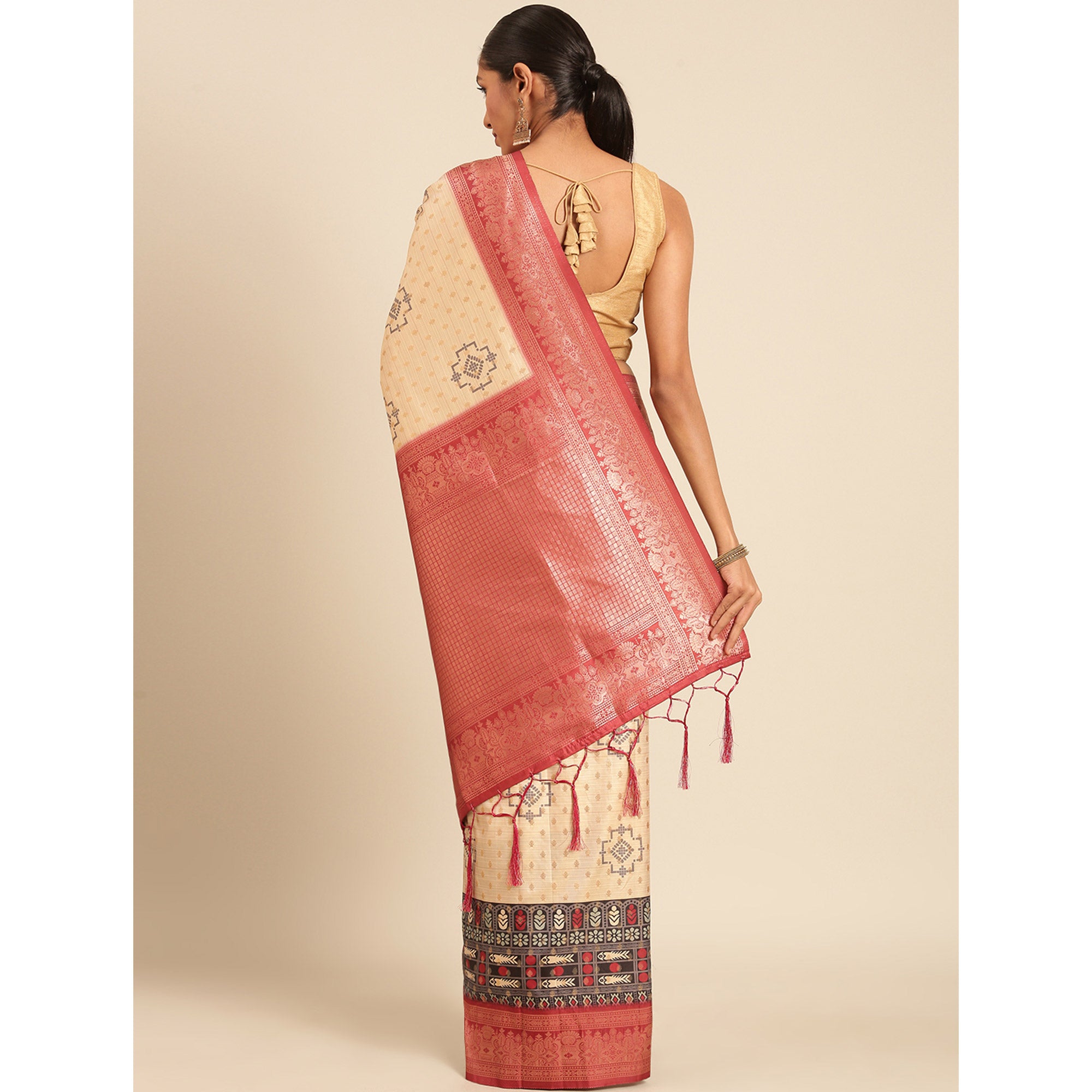 Cream Woven Banarasi Silk Saree With Tassels