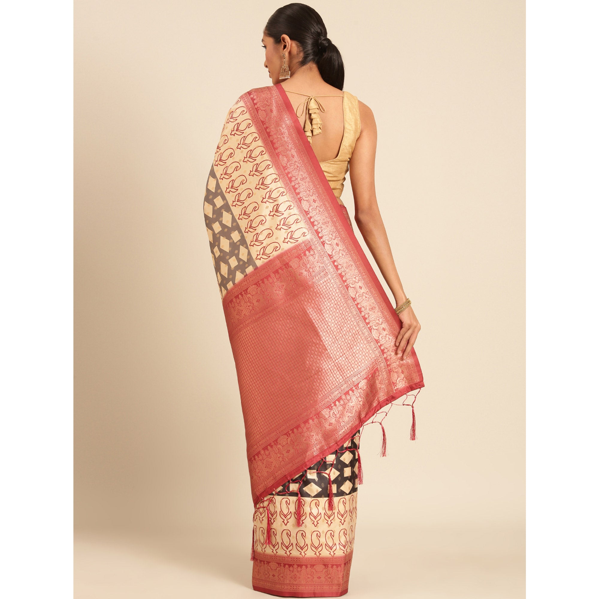 Cream Woven Banarasi Silk Saree With Tassels