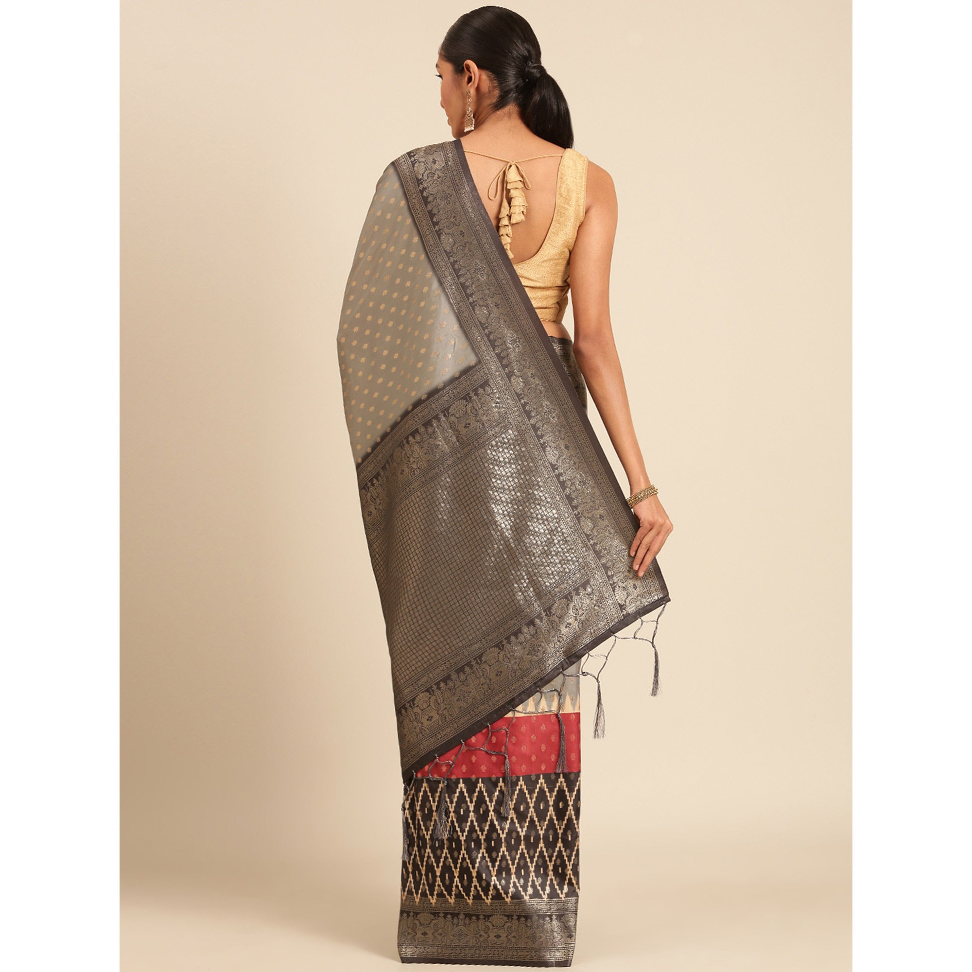 Grey Woven Banarasi Silk Saree With Tassels