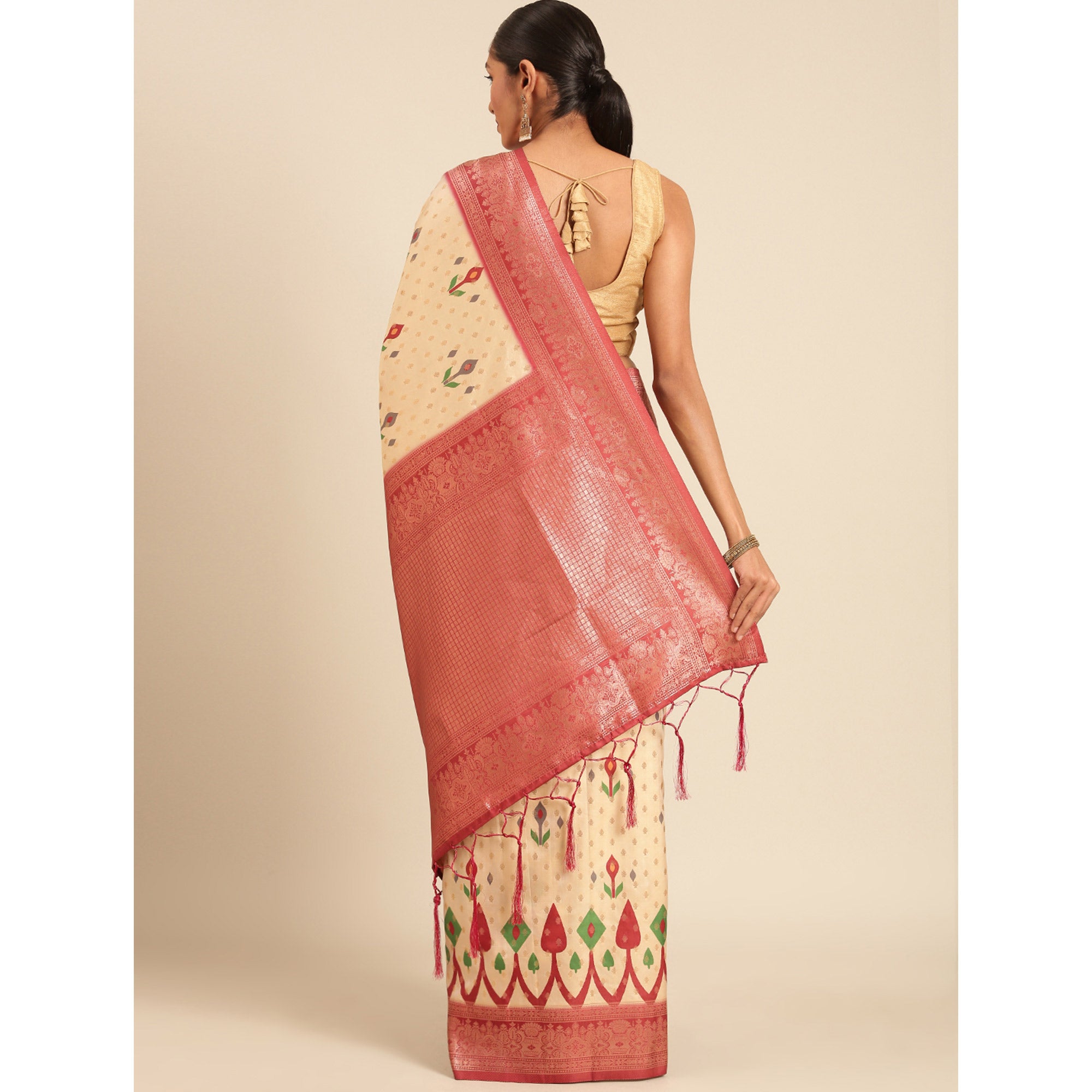 Cream Woven Banarasi Silk Saree With Tassels