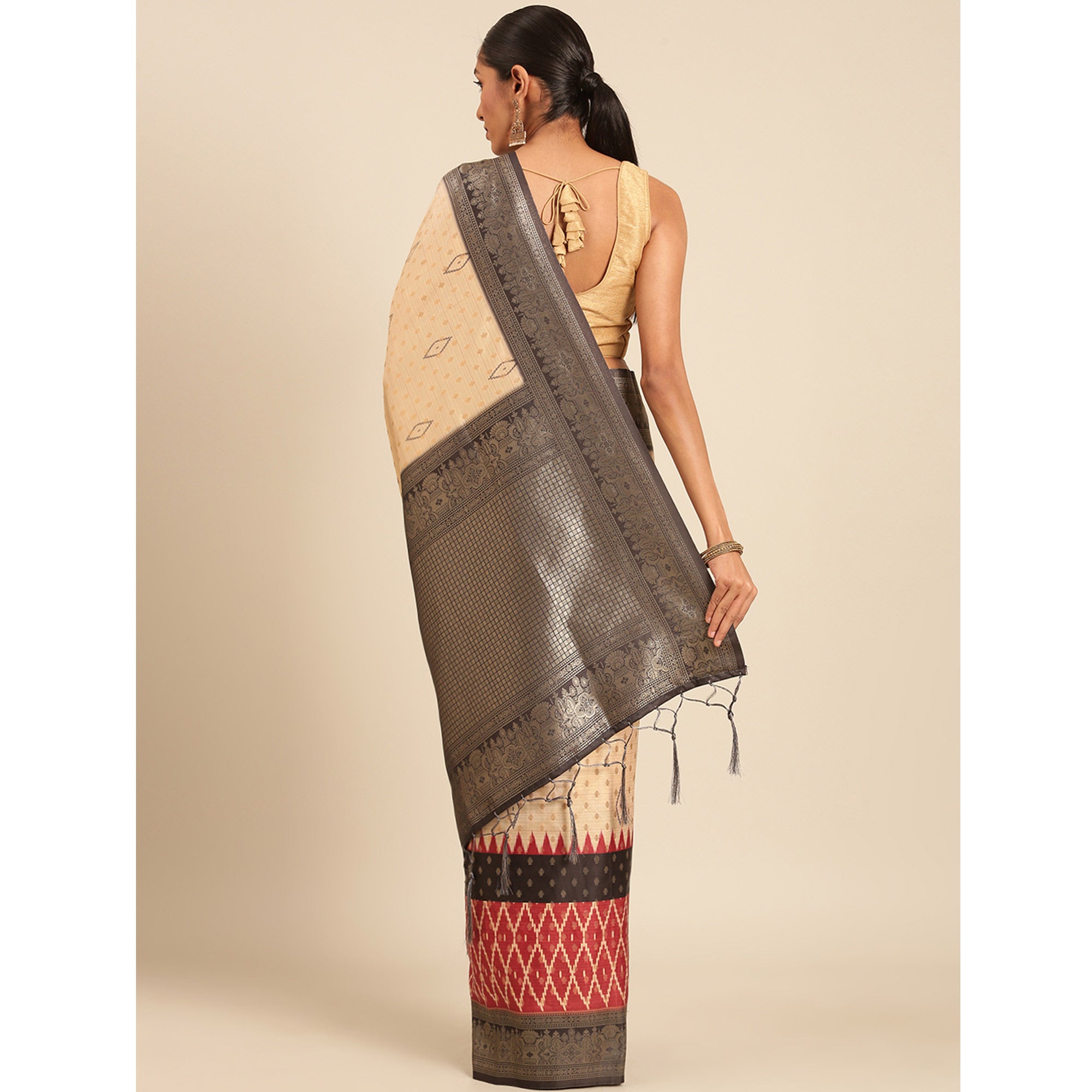 Cream Woven Banarasi Silk Saree With Tassels