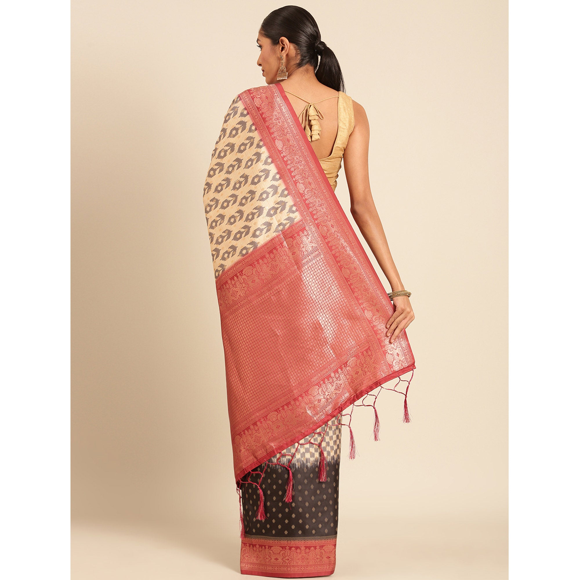 Cream Woven Banarasi Silk Saree With Tassels