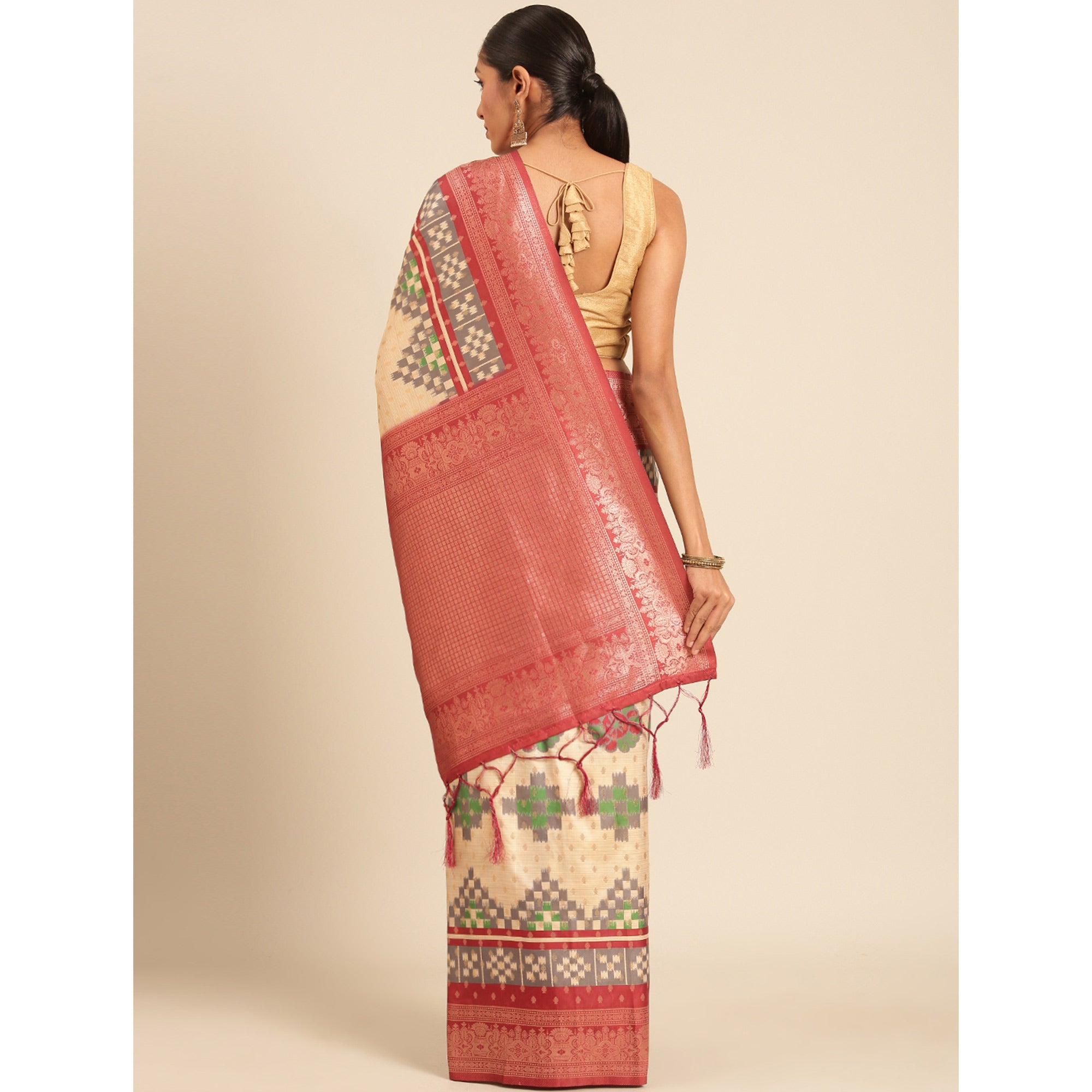 Cream Woven Banarasi Silk Saree With Tassels