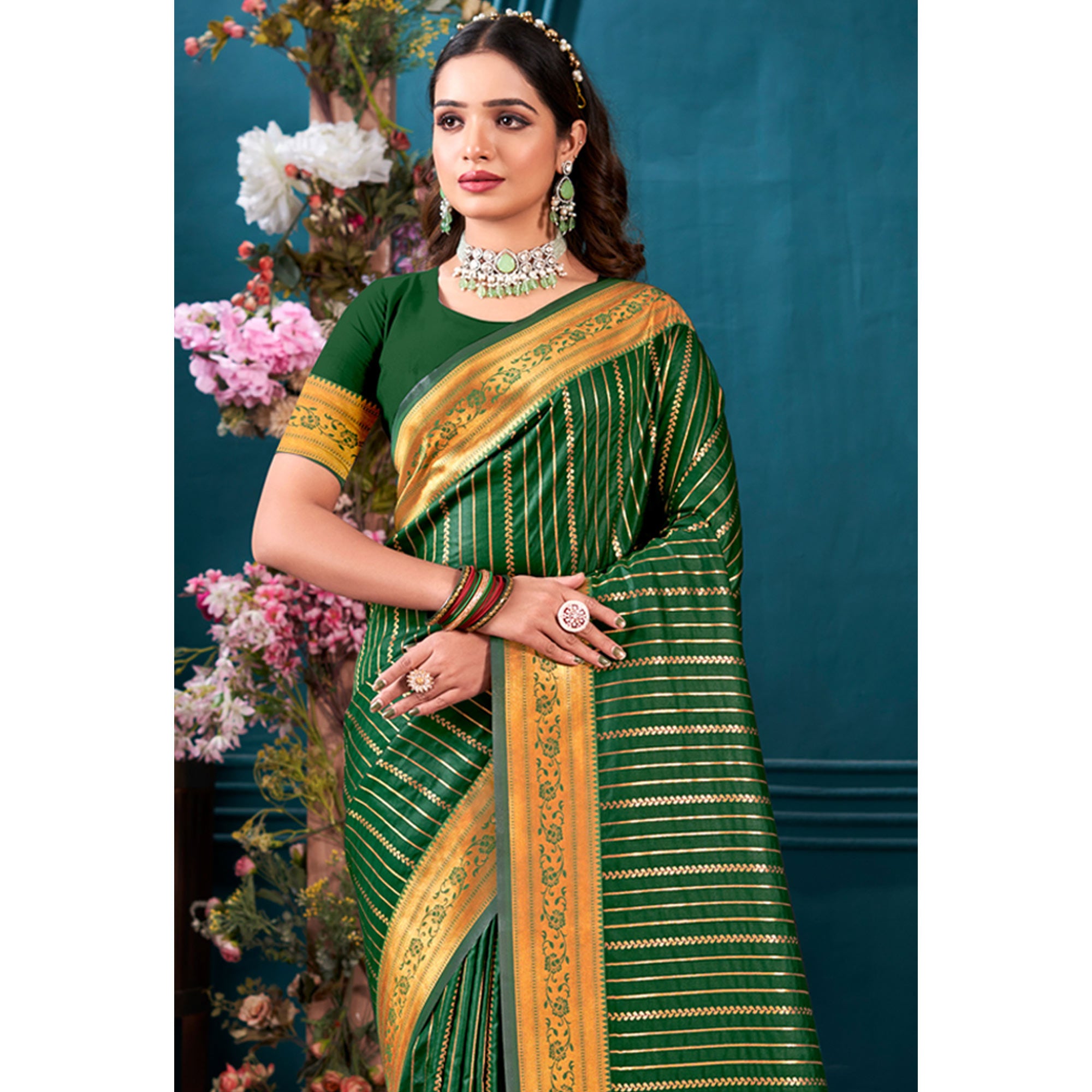 Dark Green Woven Paithani Raw Silk Saree With Tassels