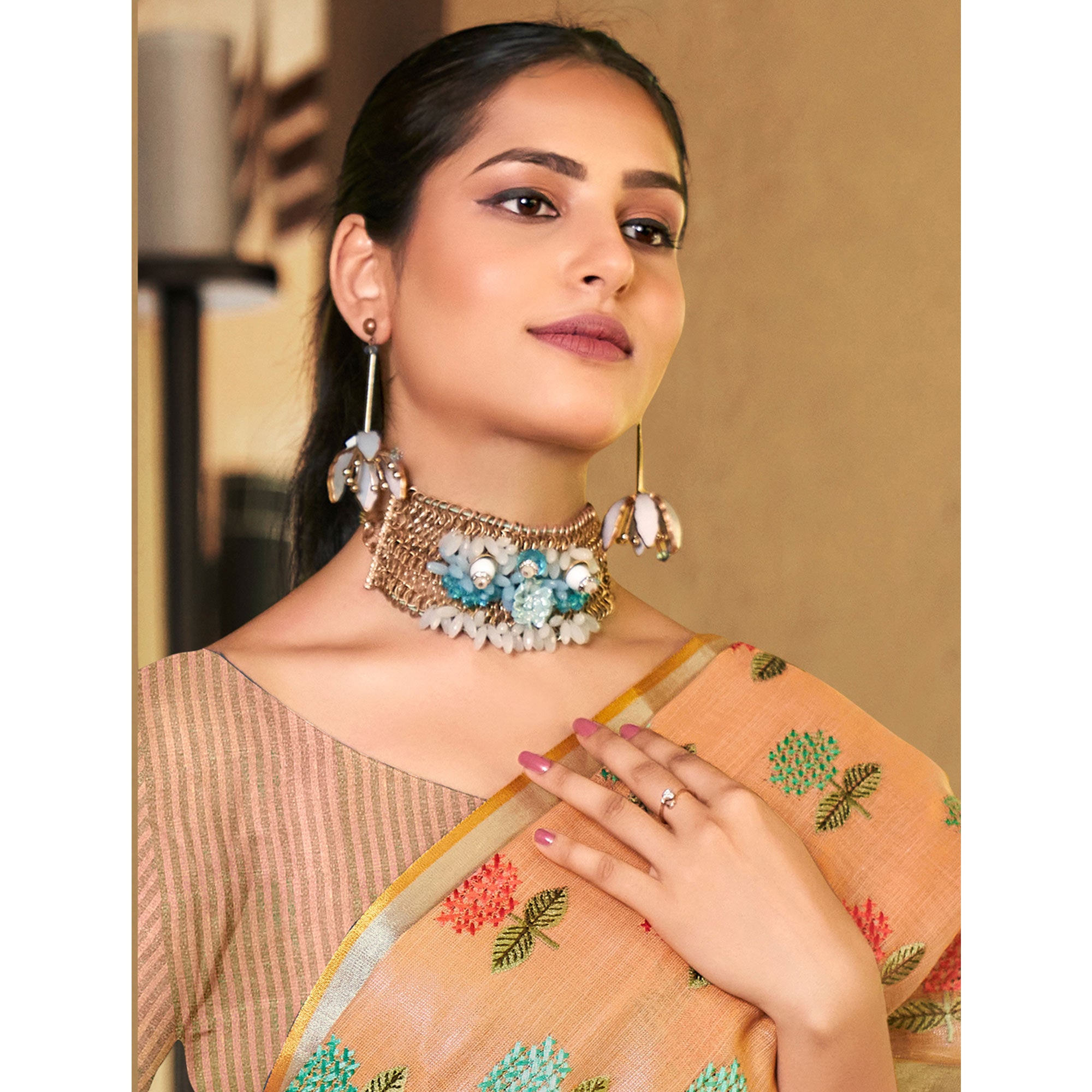 Orange Floral Embroidered Linen Saree With Tassels