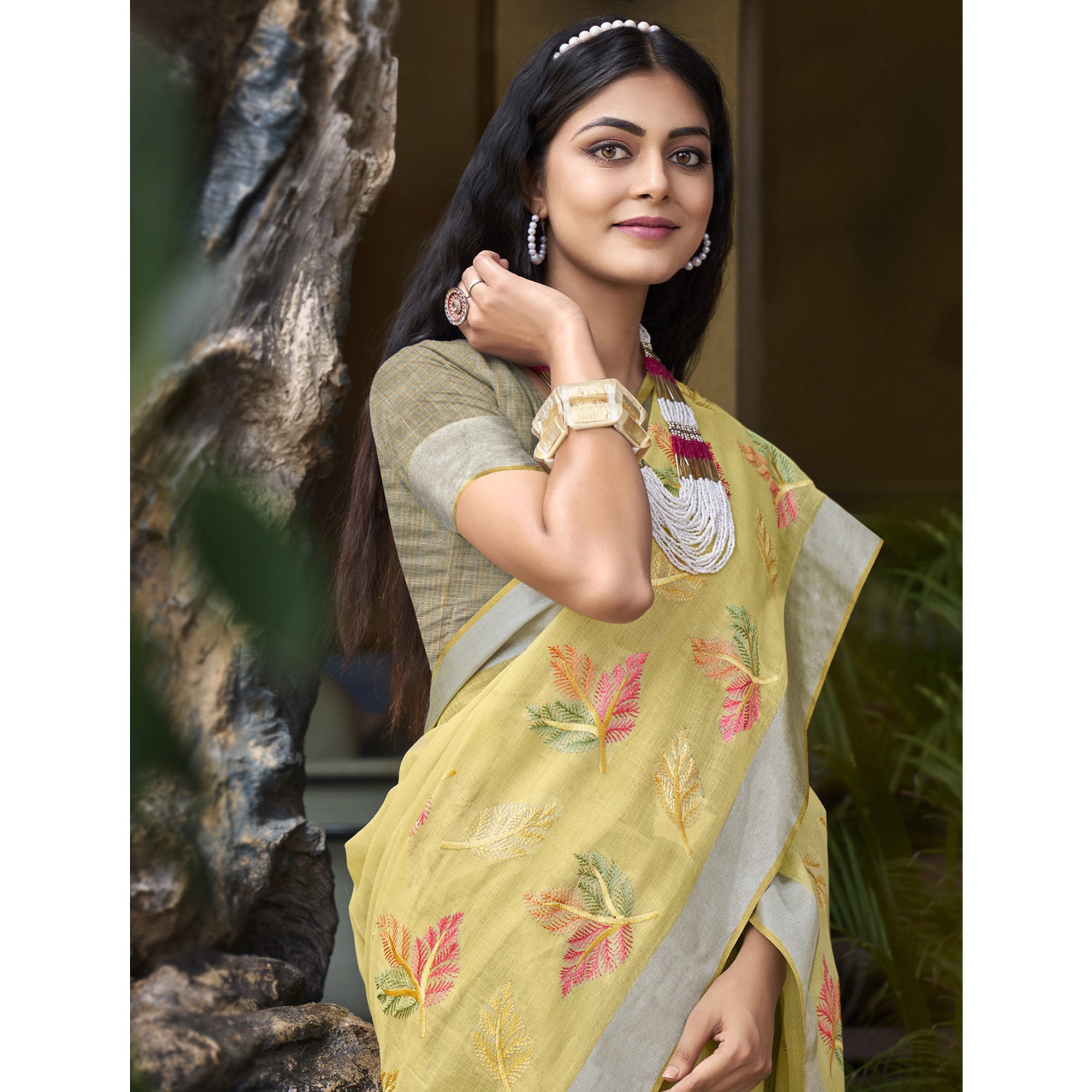 Yellow Floral Embroidered Linen Saree With Tassels