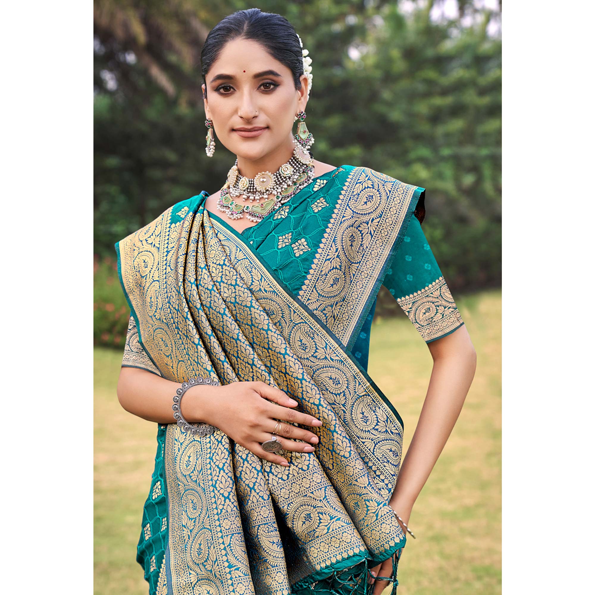 Rama Blue Floral Woven Kanjivaram Silk Saree With Tassels
