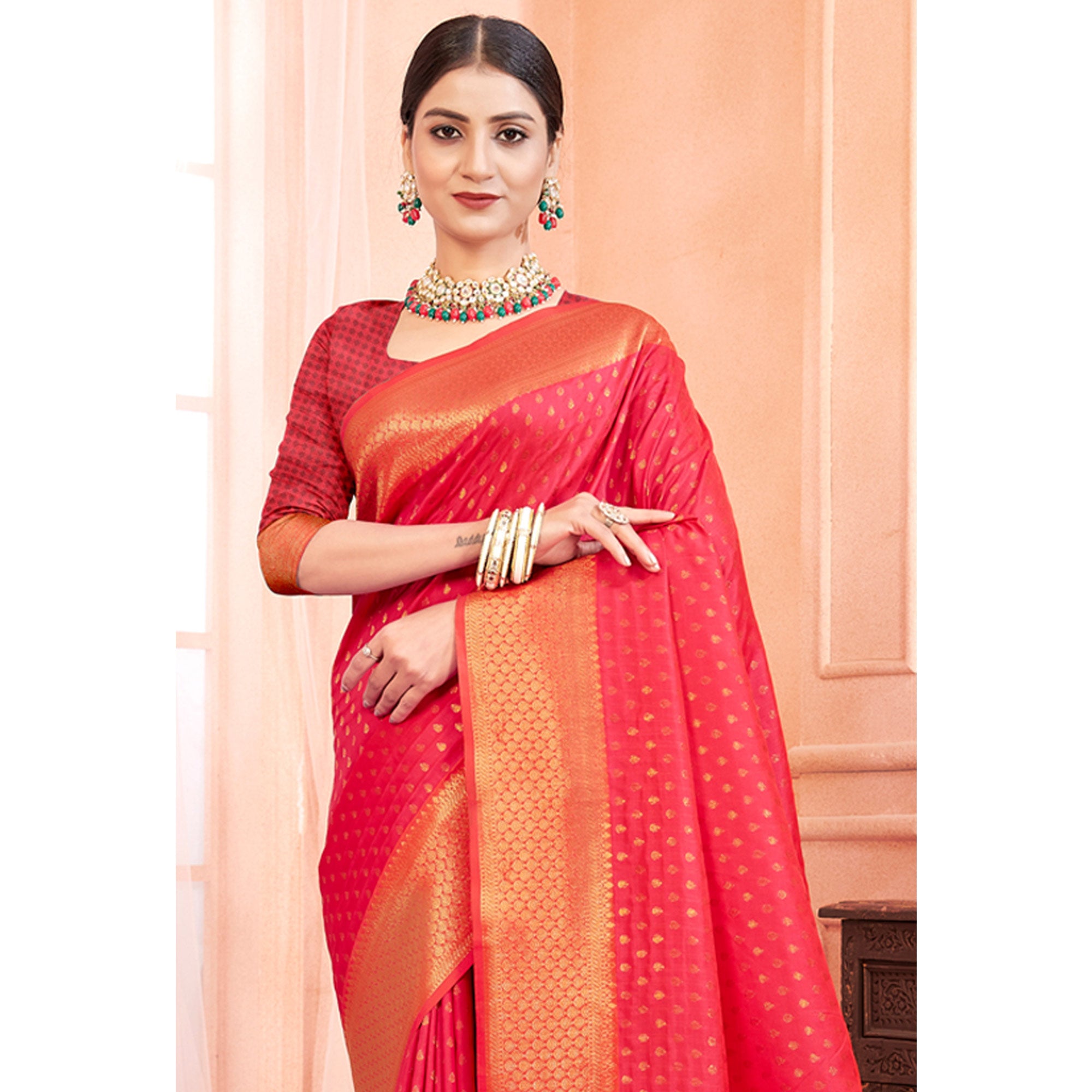 Pink Woven Banarasi Silk Saree With Tassels