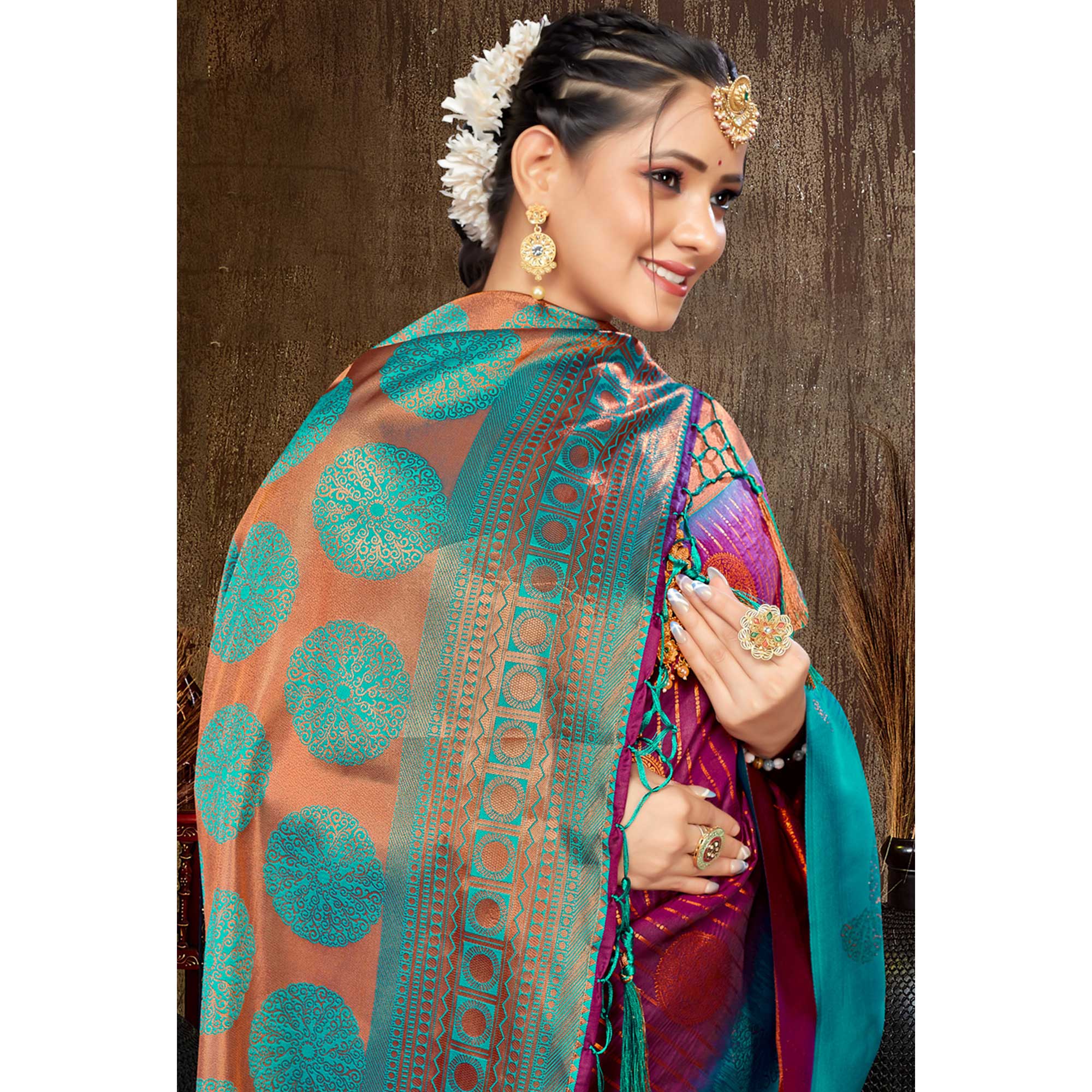 Purple Woven Banarasi Silk Saree With Tassels