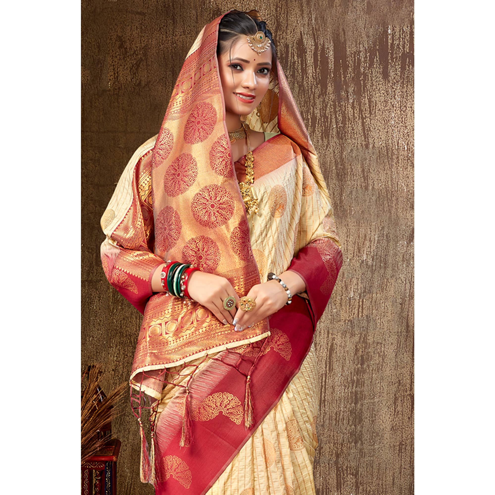 Cream Woven Banarasi Silk Saree With Tassels