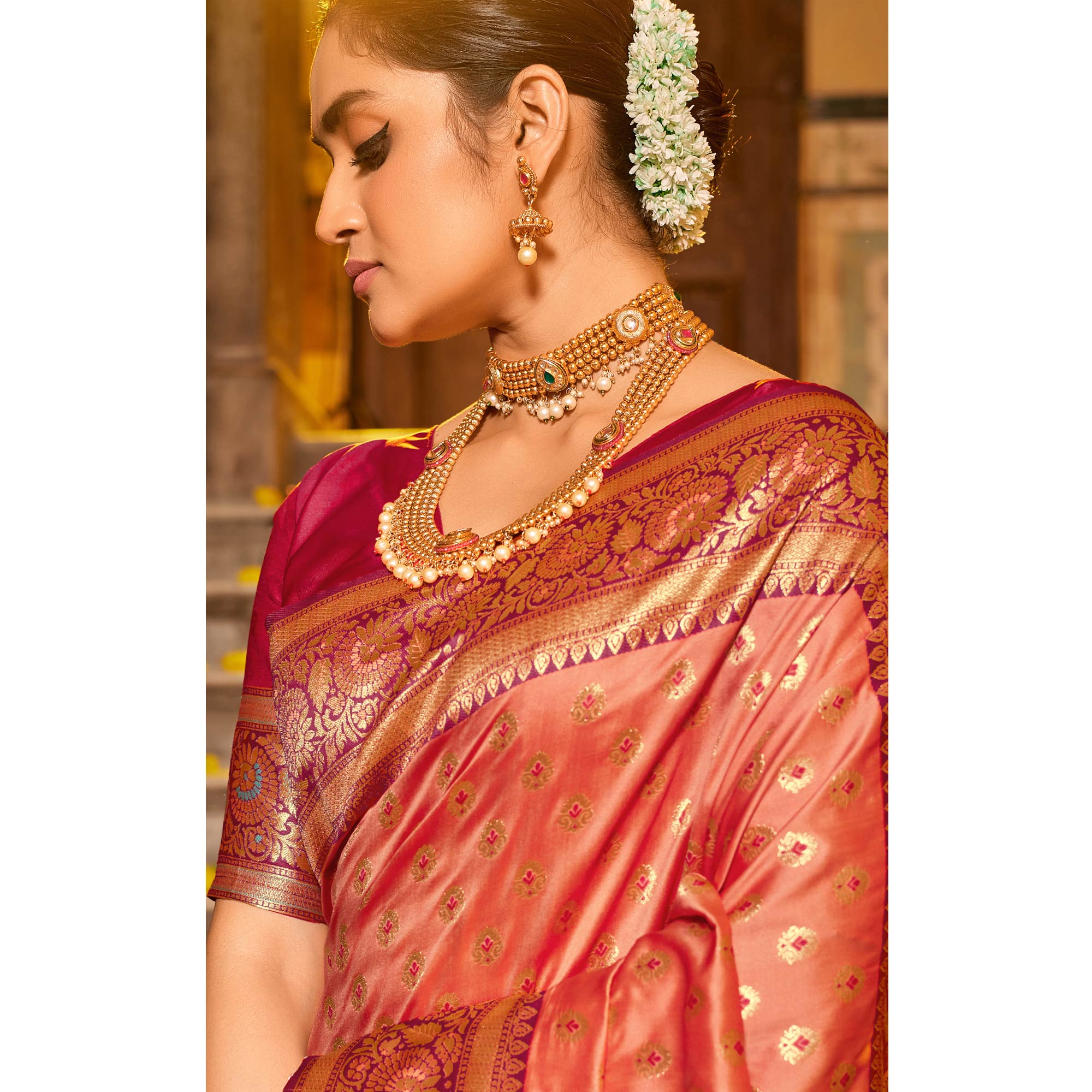 Peach Woven Banarasi Silk Saree With Tassels