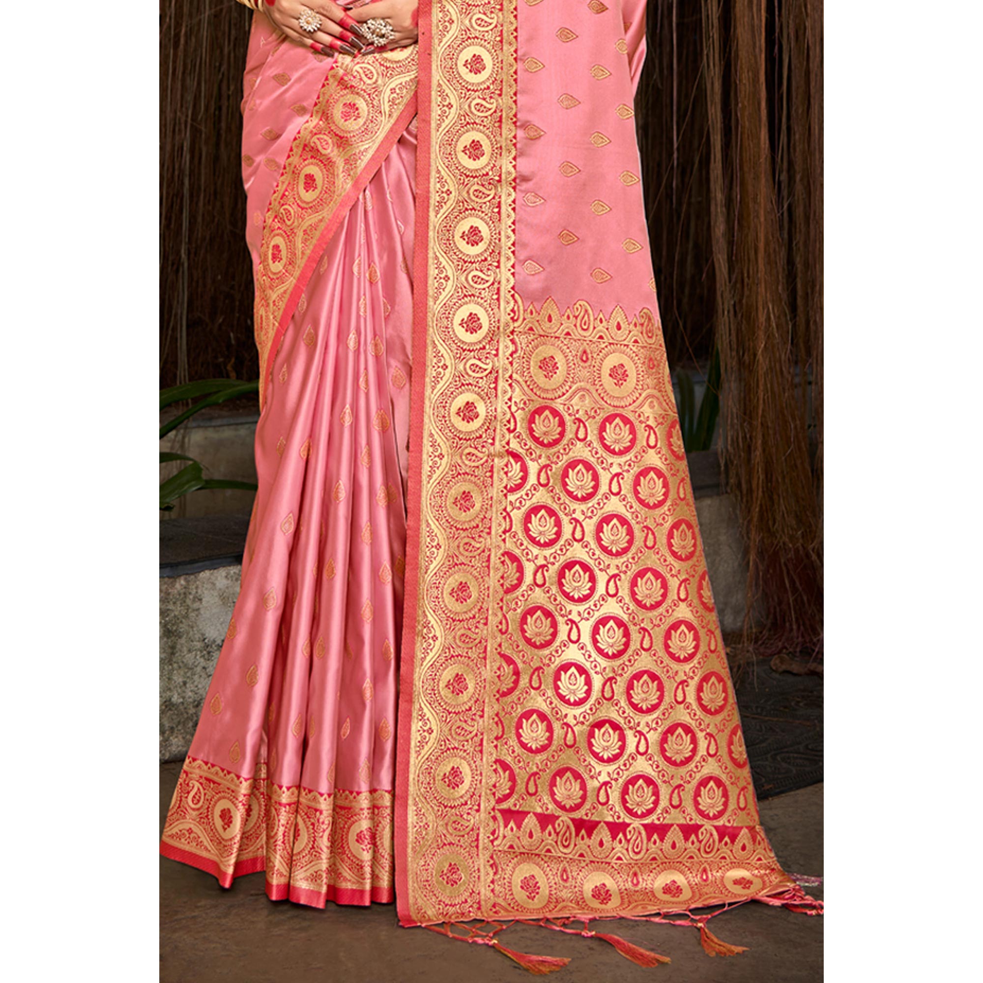Pink Woven Satin Silk Saree With Tassels