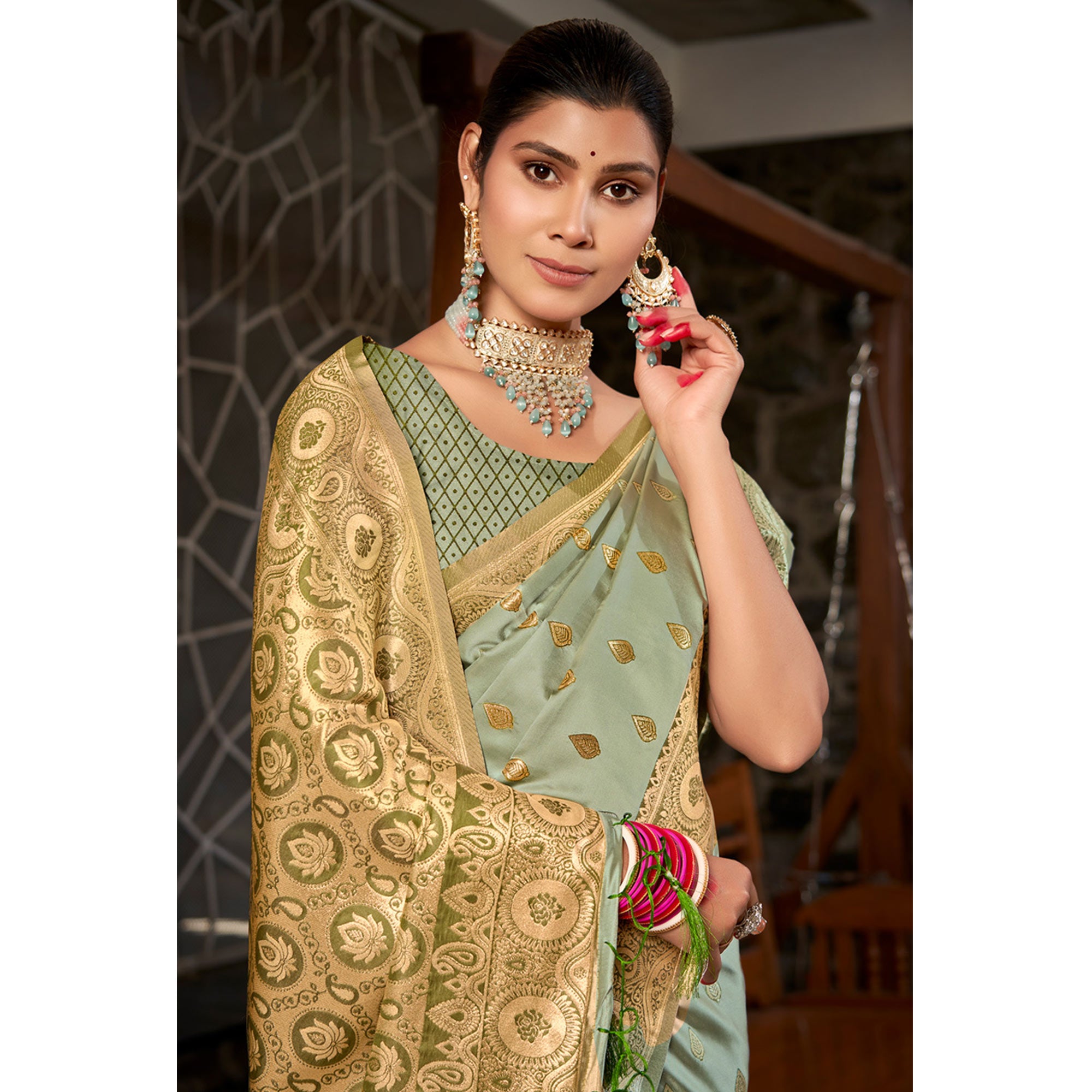Light Green Woven Satin Silk Saree With Tassels