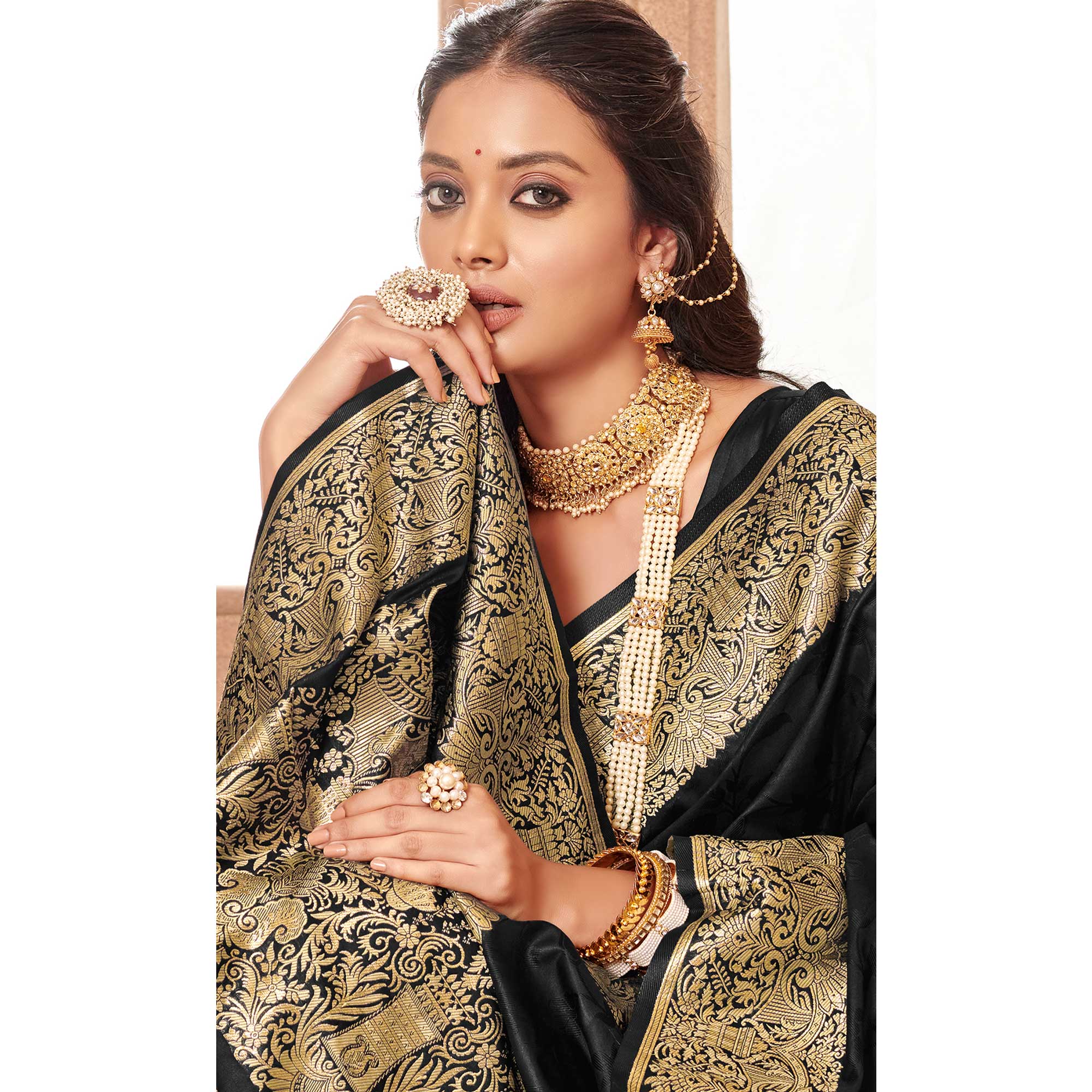 Black Floral Woven Banarasi Silk Saree With Tassels