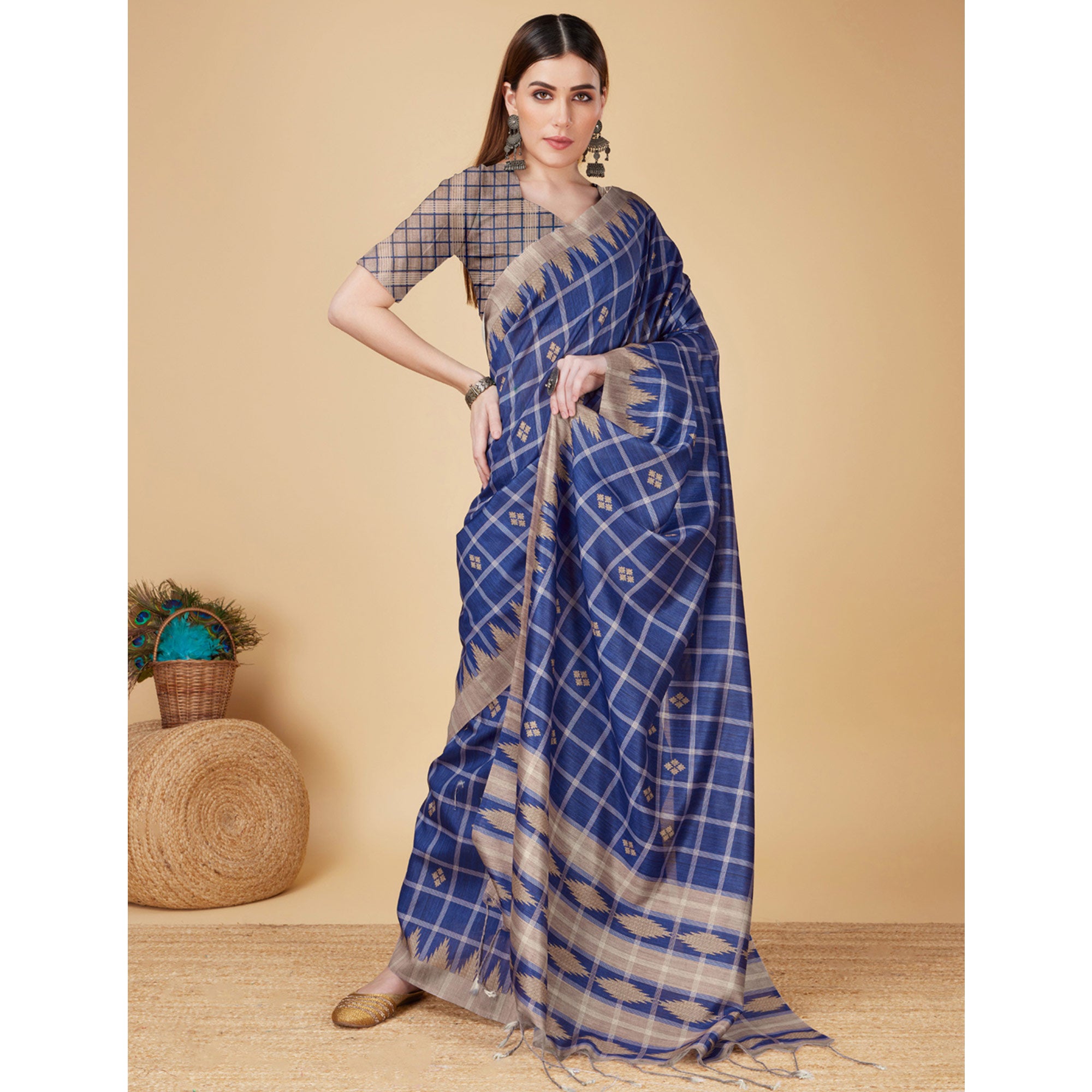 Blue Digital Printed Cotton Silk Saree With Tassels