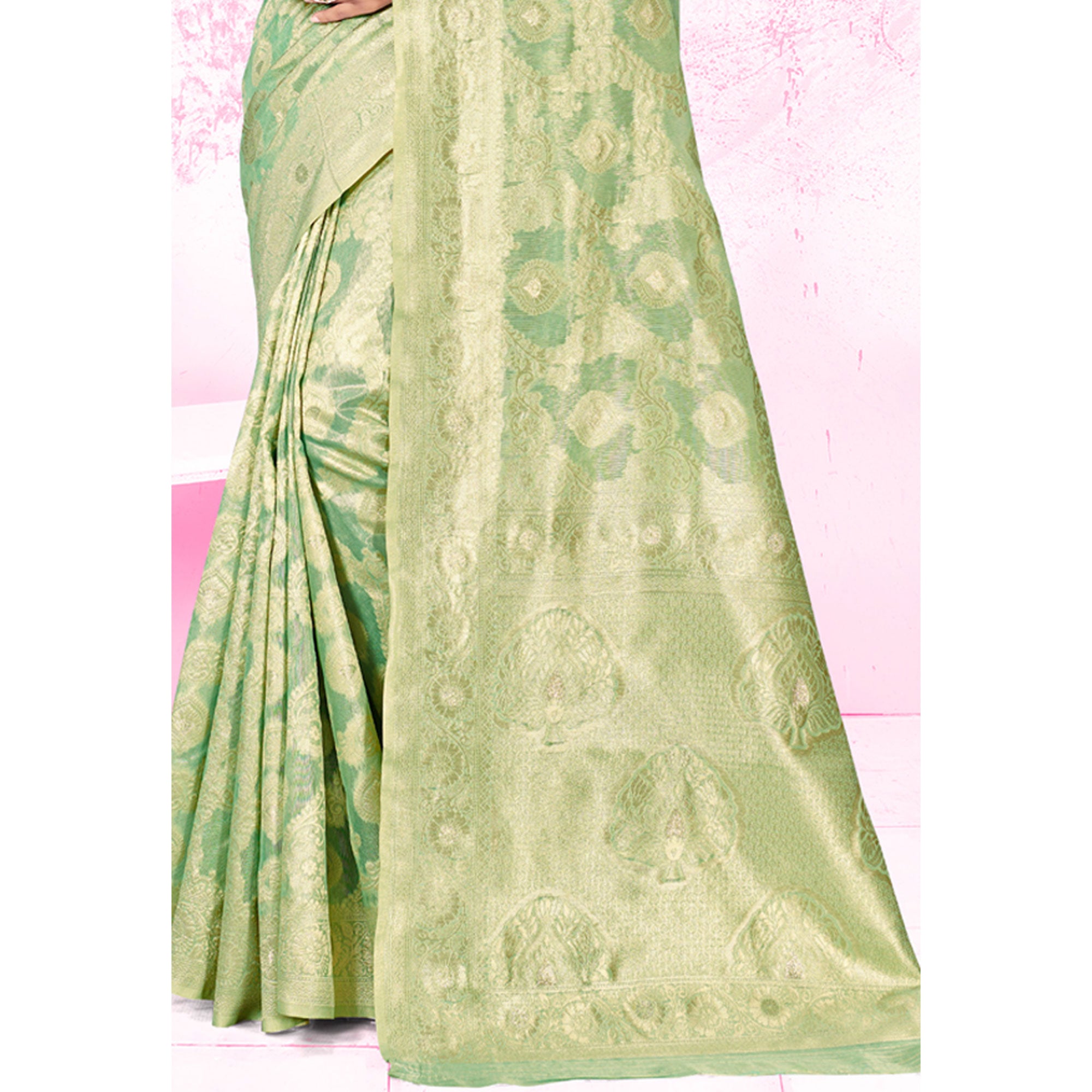 Green Woven Cotton Blend Saree