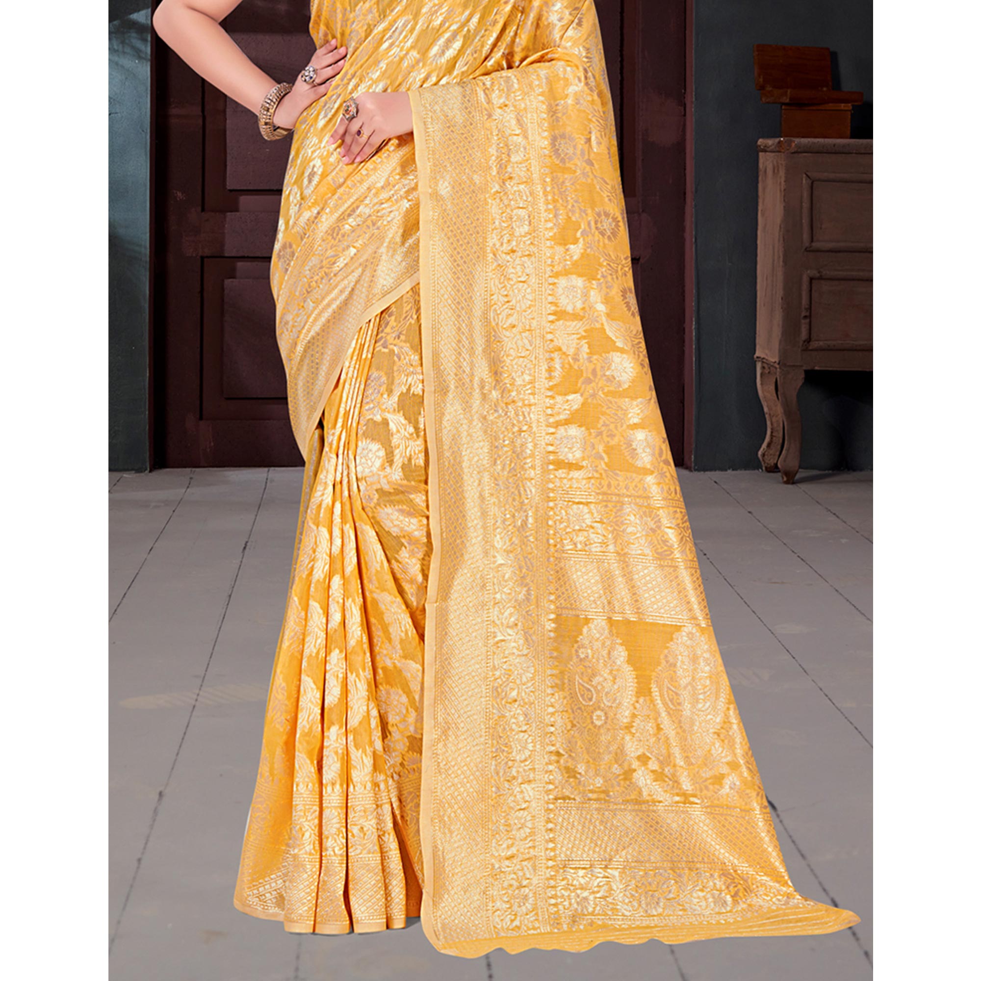 Mustard Floral Woven Cotton Blend Saree