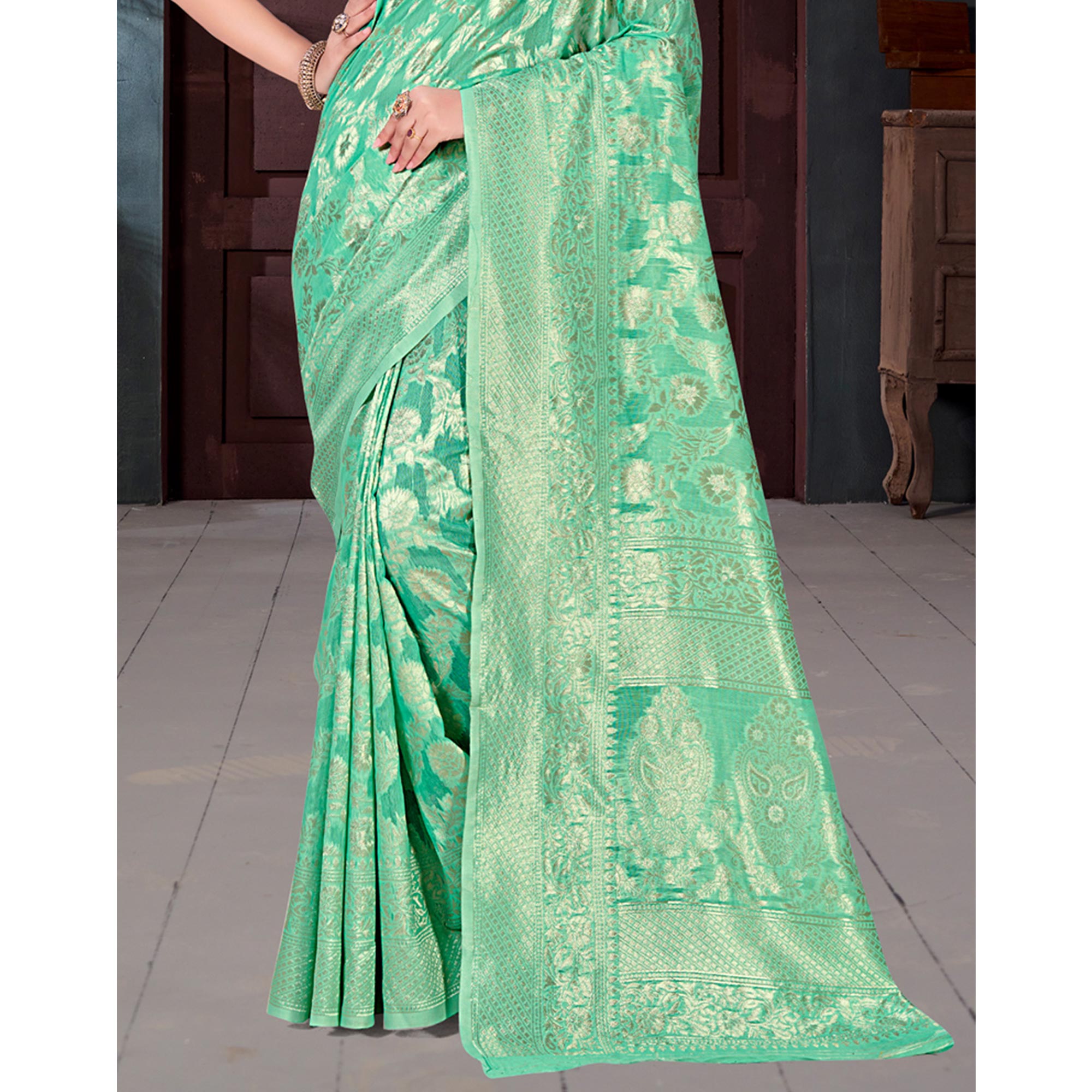 Sea Green Floral Woven Cotton Blend Saree