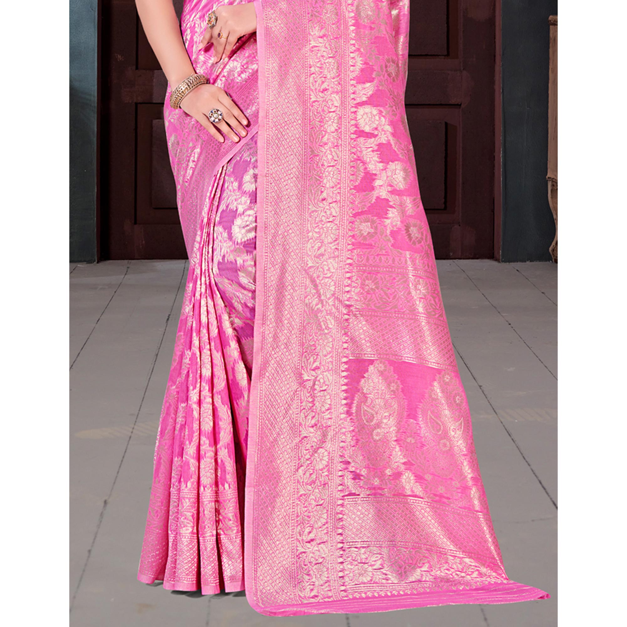 Pink Floral Woven Cotton Blend Saree