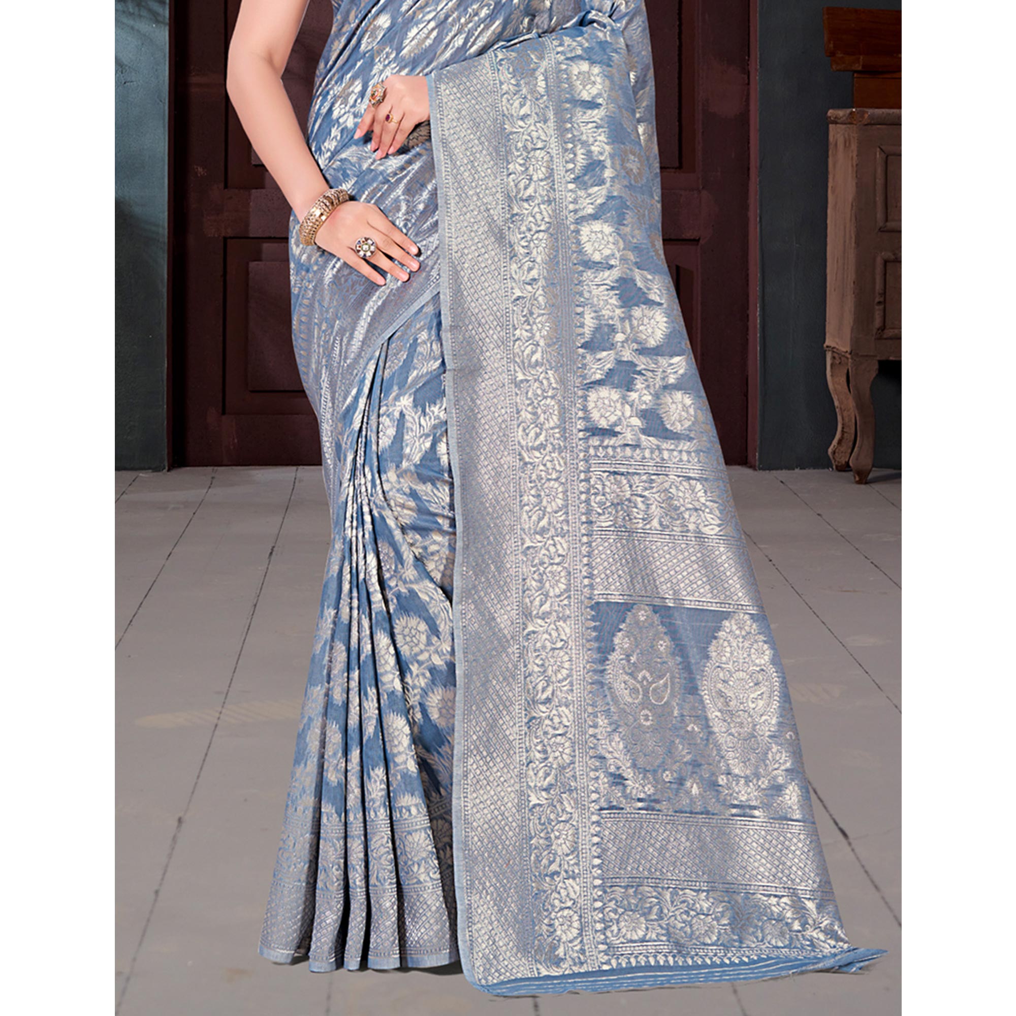 Greyish Blue Floral Woven Cotton Blend Saree