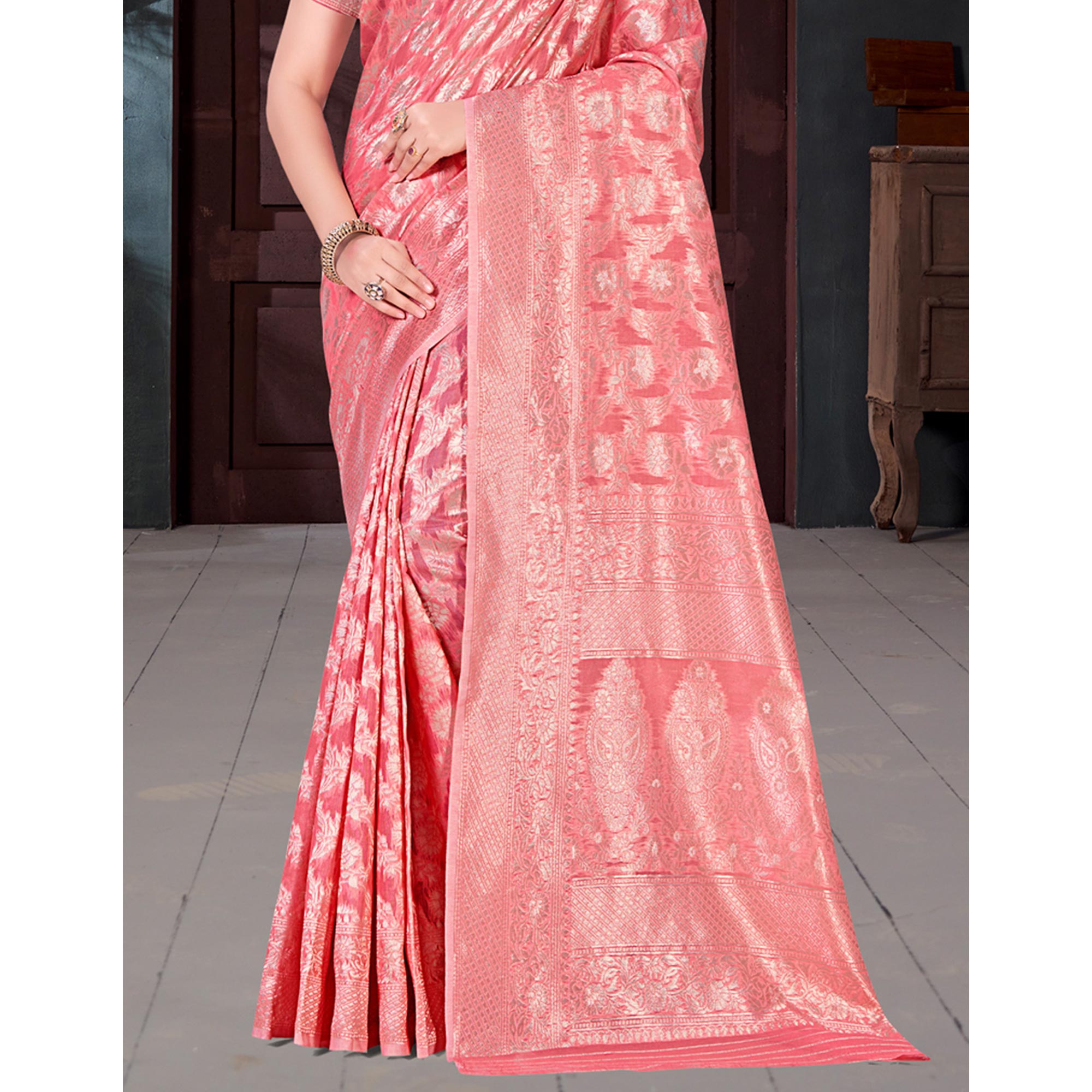 Gajari Pink Floral Woven Cotton Blend Saree