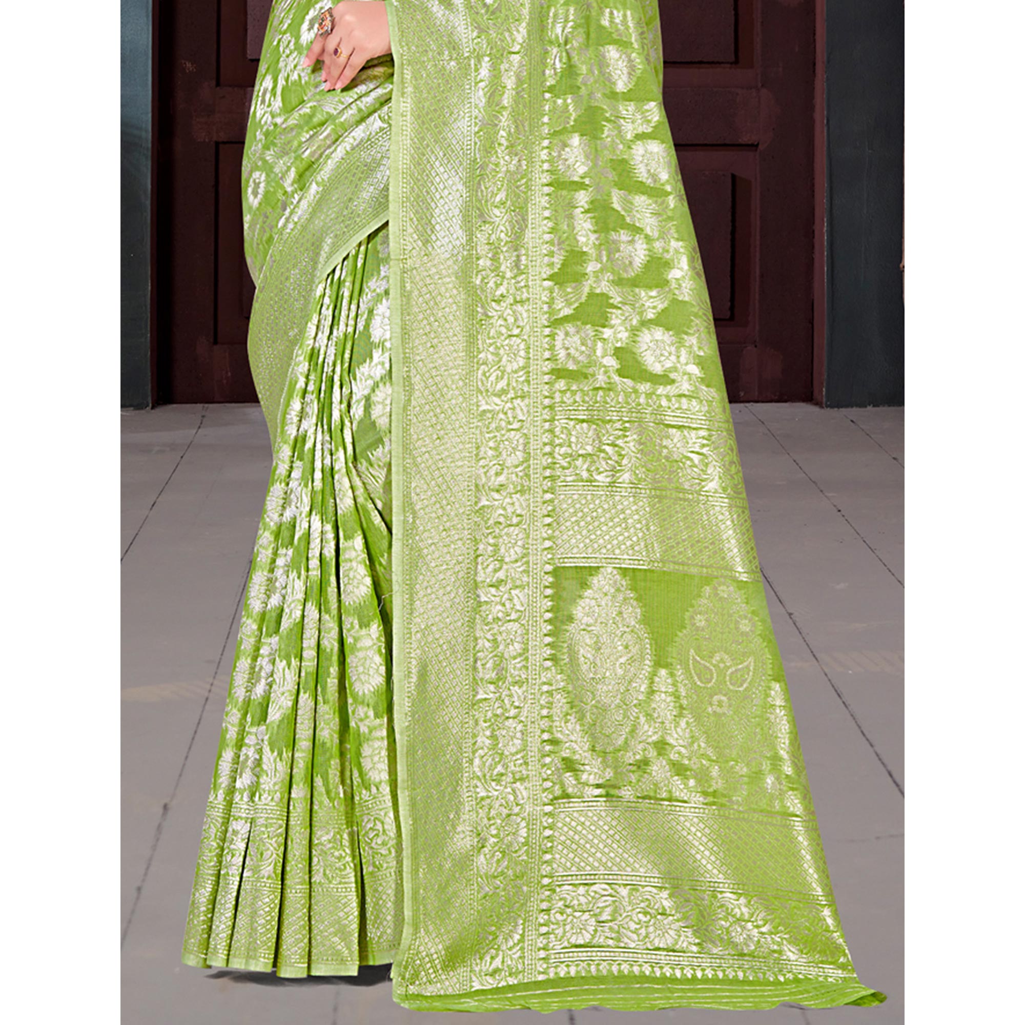 Green Floral Woven Cotton Blend Saree