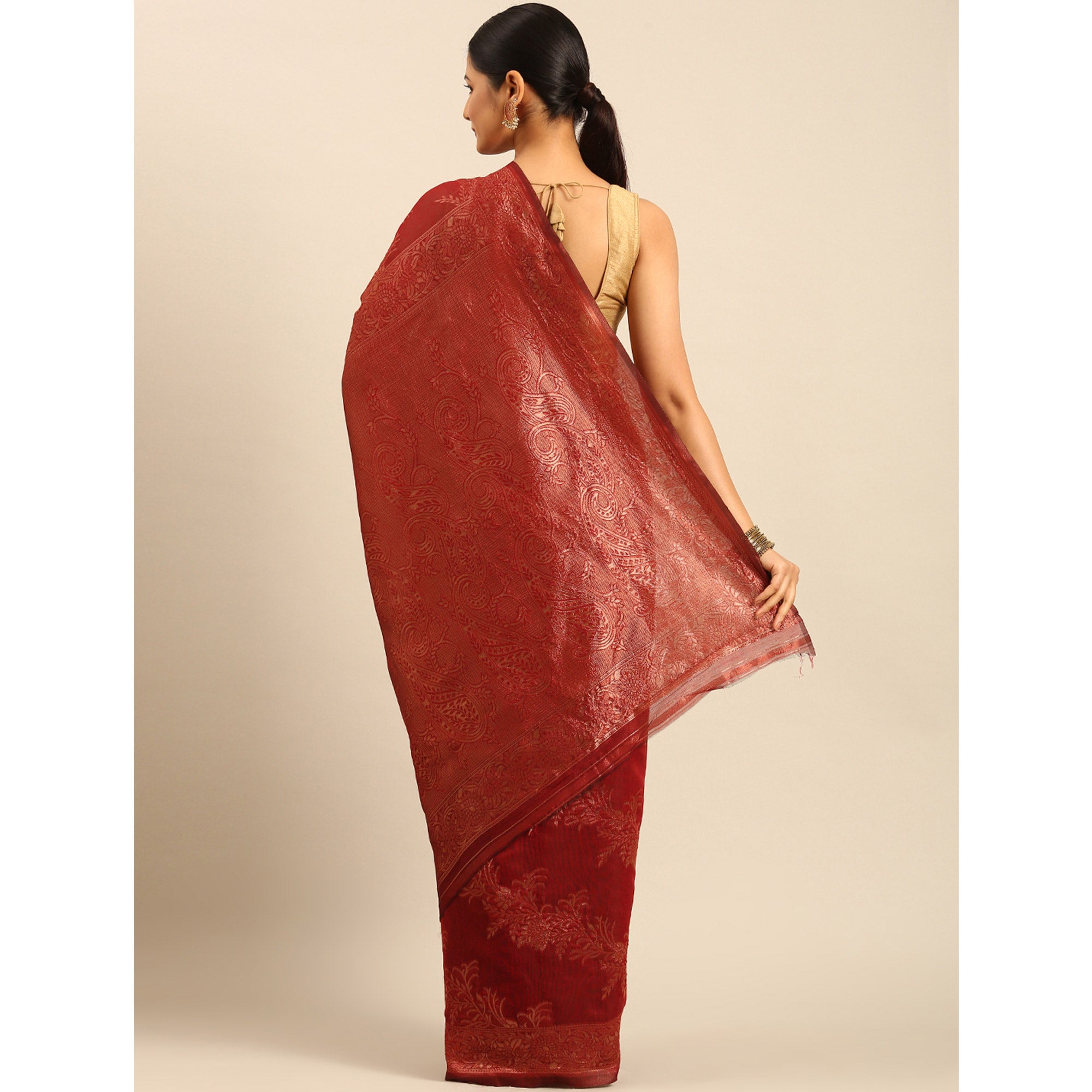 Maroon Floral Woven Cotton Silk Saree