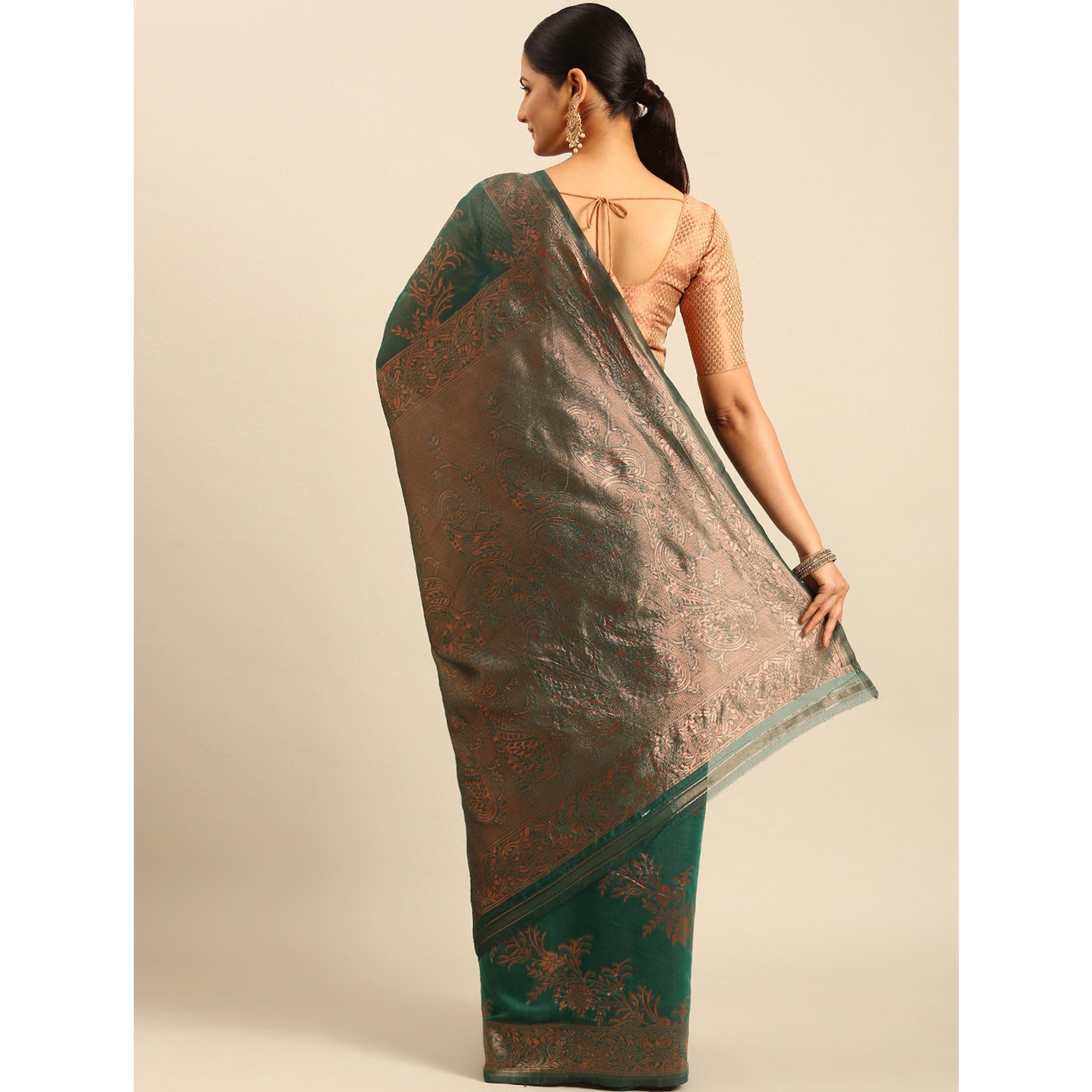 Rama Green Floral Woven Cotton Silk Saree