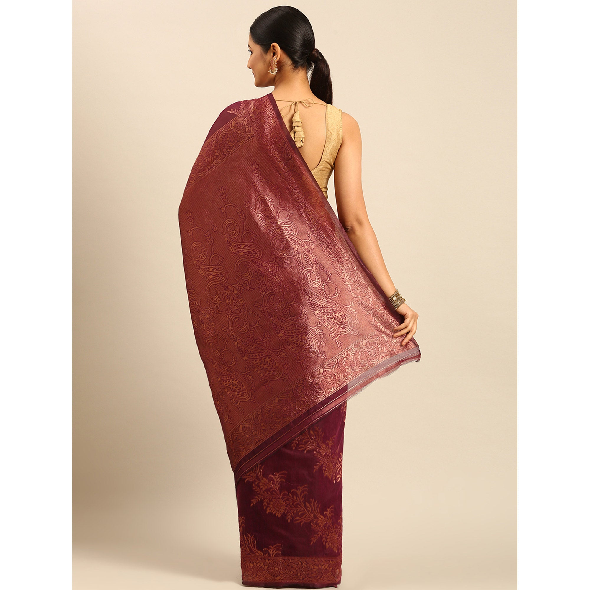 Wine Floral Woven Cotton Silk Saree
