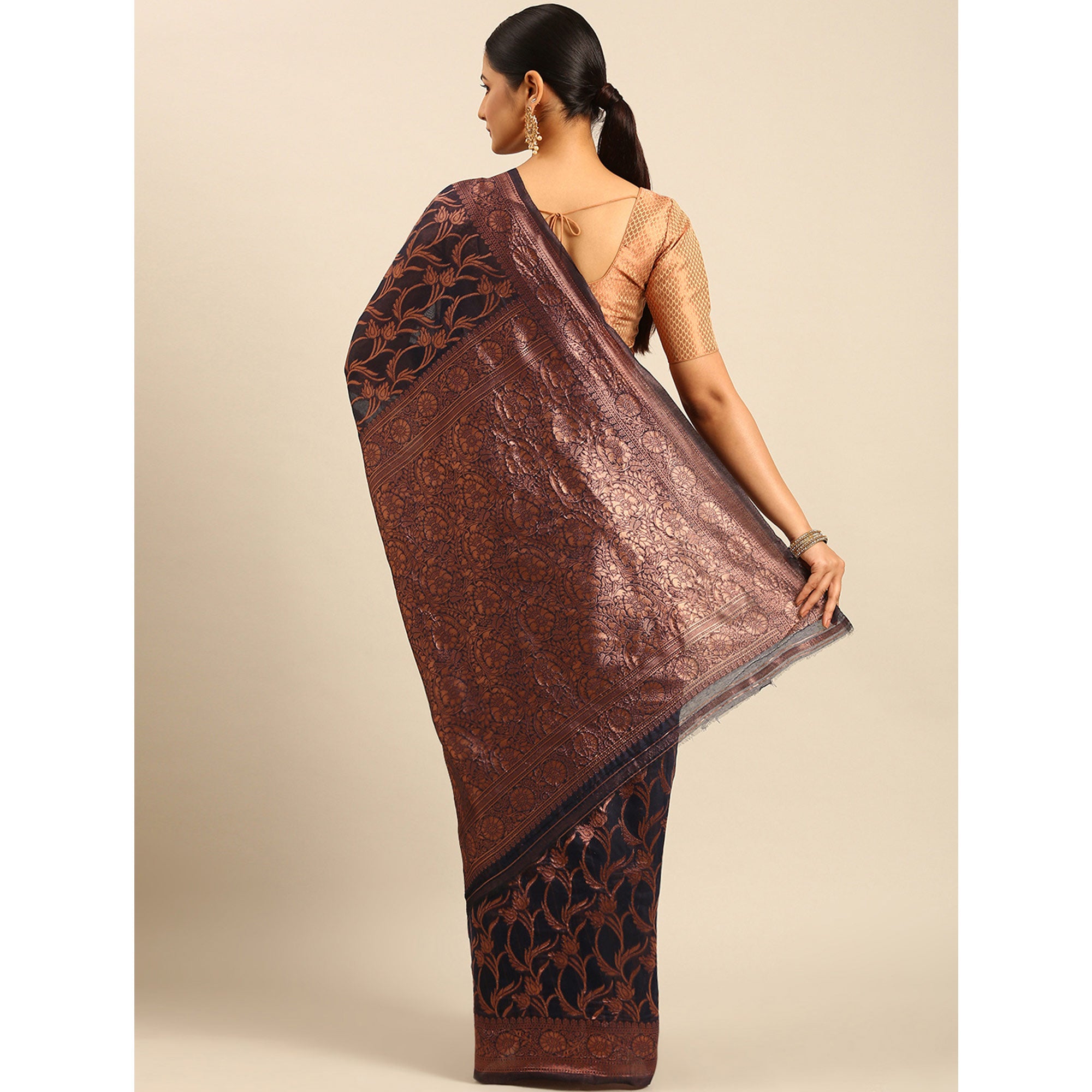 Navy Blue Floral Woven Cotton Silk Saree